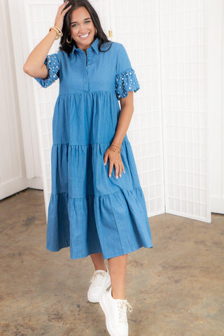Jessica Day Pearl & Denim Midi Dress-TCEC-L. Mae Boutique