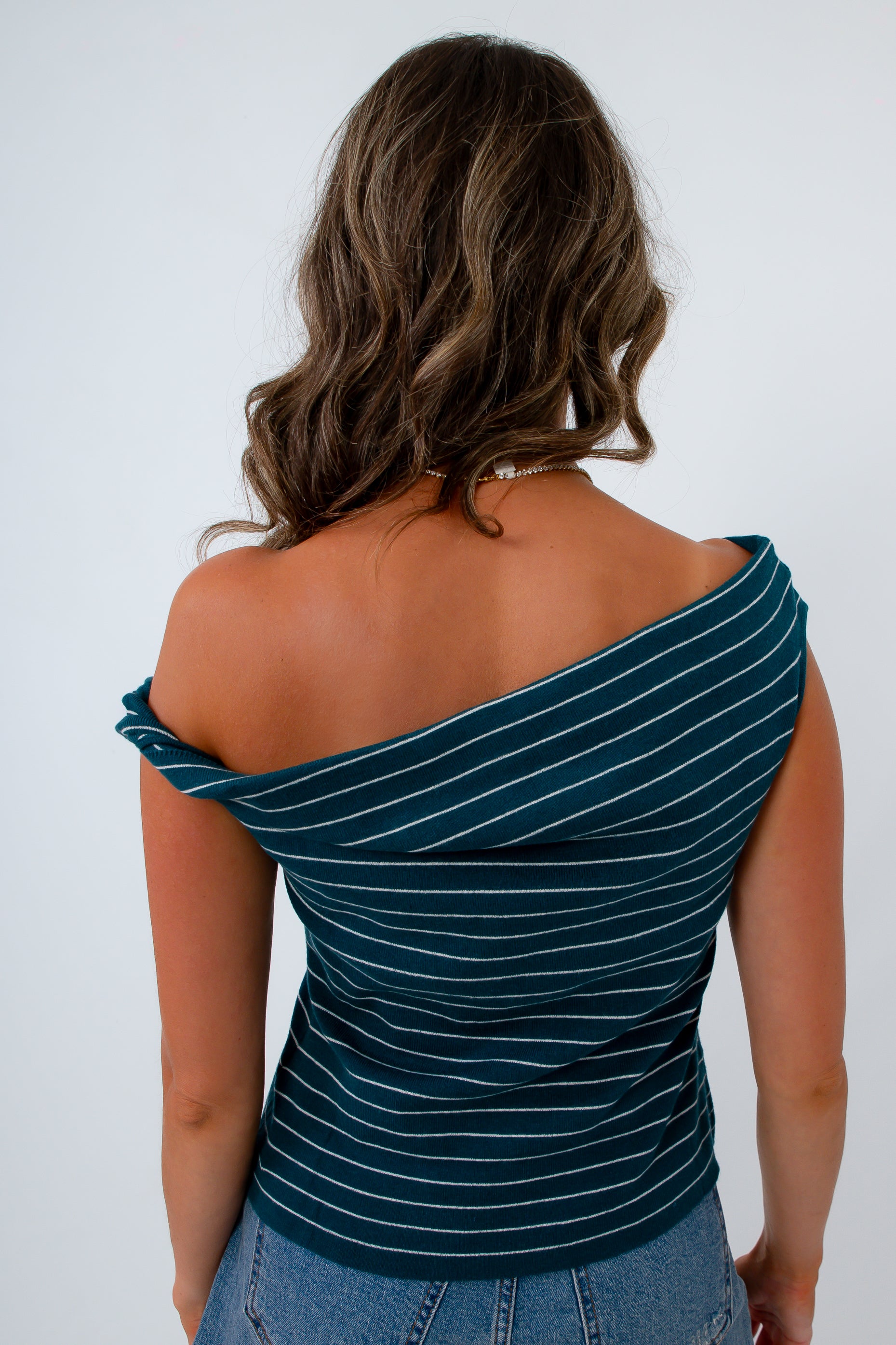 Teal stripe asymmetrical knit top for summer