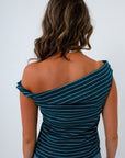 Teal stripe asymmetrical knit top for summer