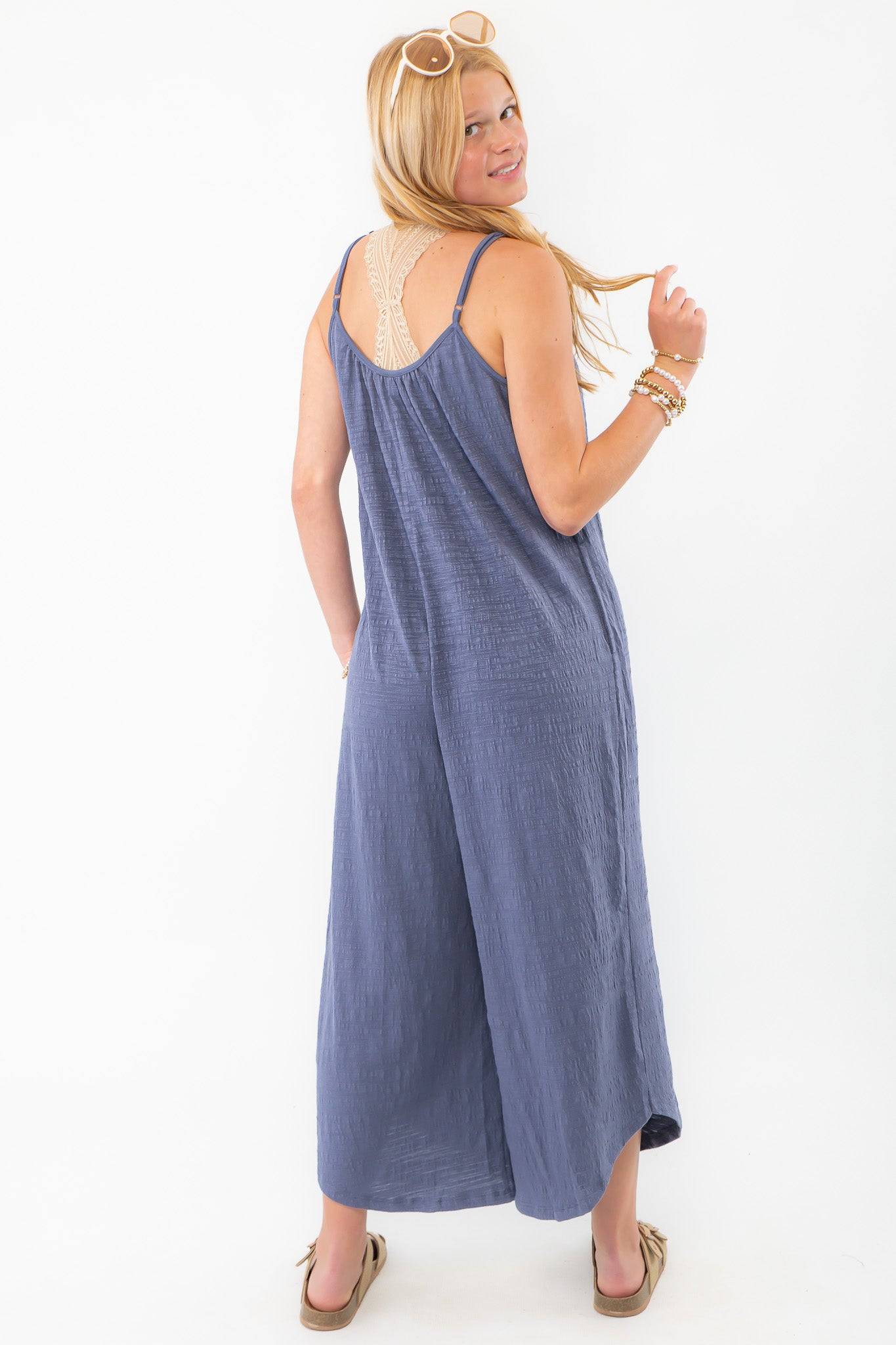 Z Supply Worn Blue Textured Flared Jumpsuit