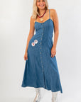Z Supply Angel Eyes Denim Midi Dress in medium indigo, featuring front buttons, pockets, and a flattering fit for effortless fall style.
