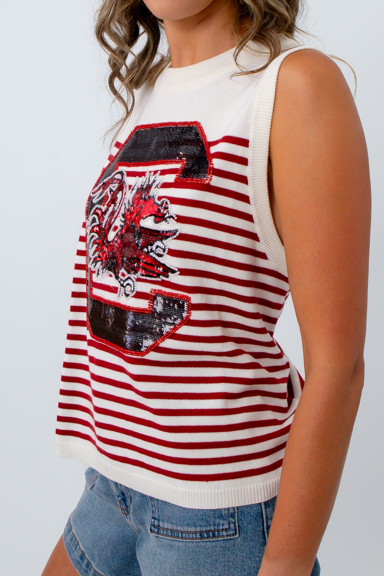 Garnet and white striped knit tank, Garnet game day top, garnet sleeveless sweater