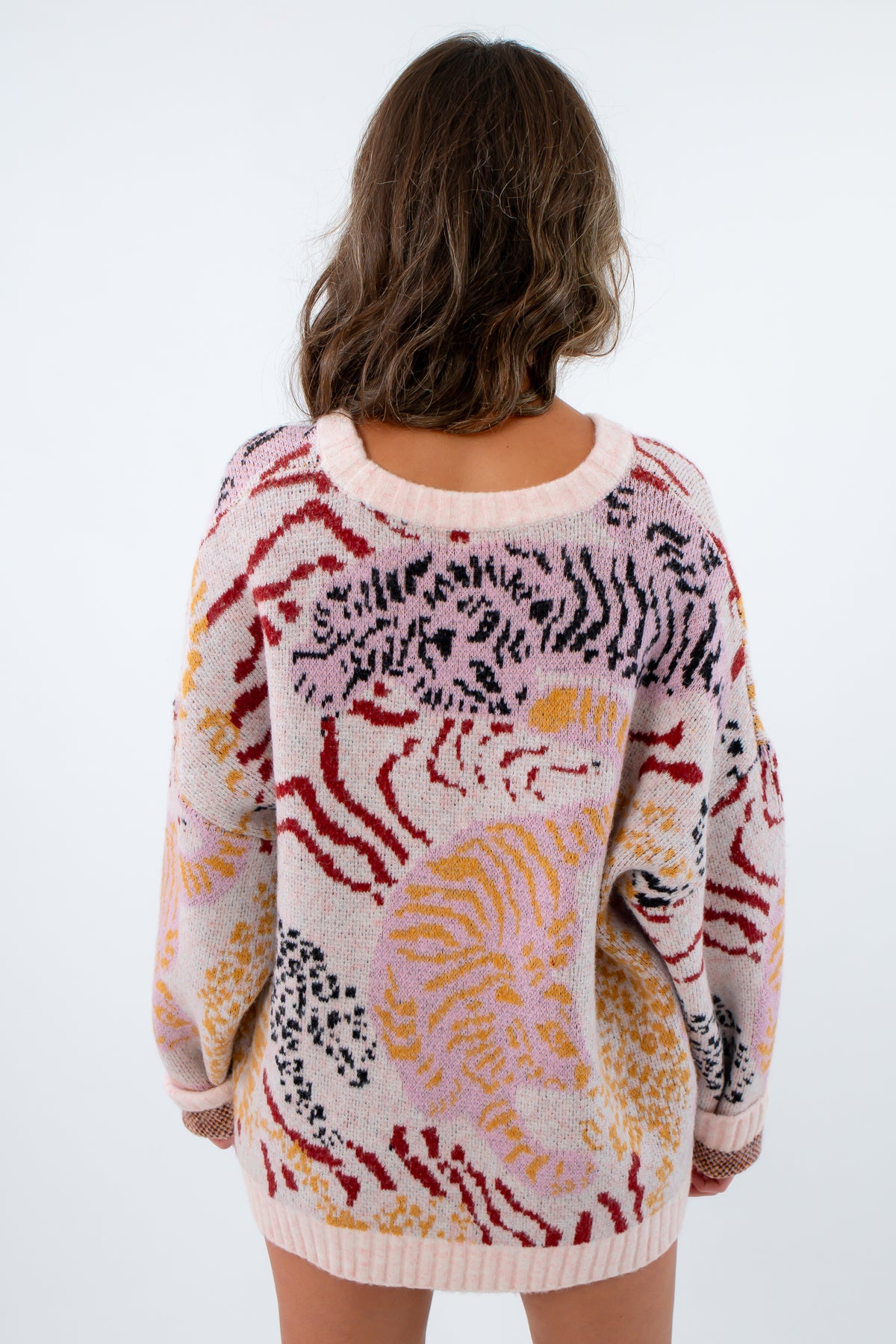 Multicolor long sleeve fall sweater with tiger design, colorful tiger print sweater, colorful sweater with tigers all over it