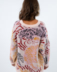 Multicolor long sleeve fall sweater with tiger design, colorful tiger print sweater, colorful sweater with tigers all over it