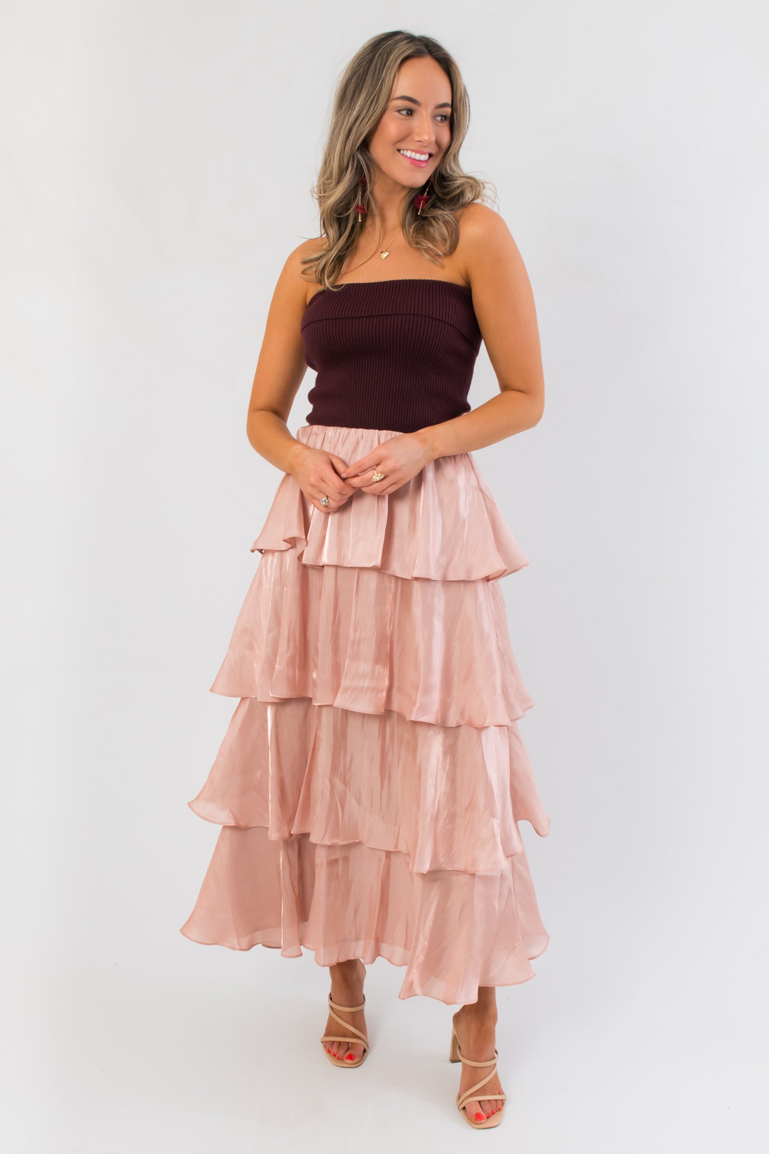 Designed to Shine Wine Strapless Tiered Midi Dress featuring a ribbed wine bodice and layered blush satin skirt, ideal for holiday parties.