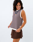 Brown and white striped knit tank with side slits, brown knit tank, knit tanks for fall