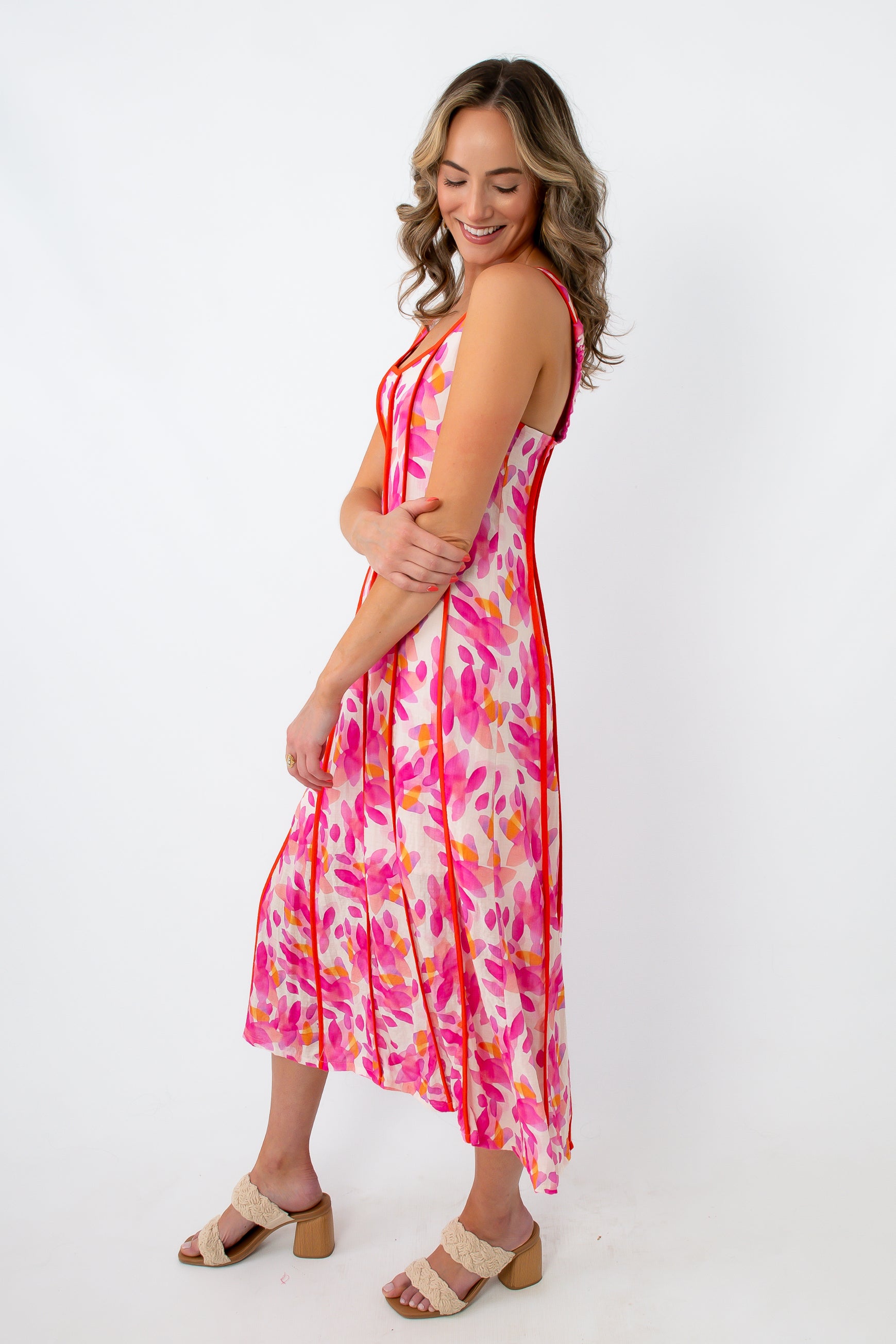 THML Fiesta Nights Hot Pink Midi Dress | Piped Detail Statement Style L THML Fiesta Nights Hot Pink Midi Dress | Piped Detail Statement Style L