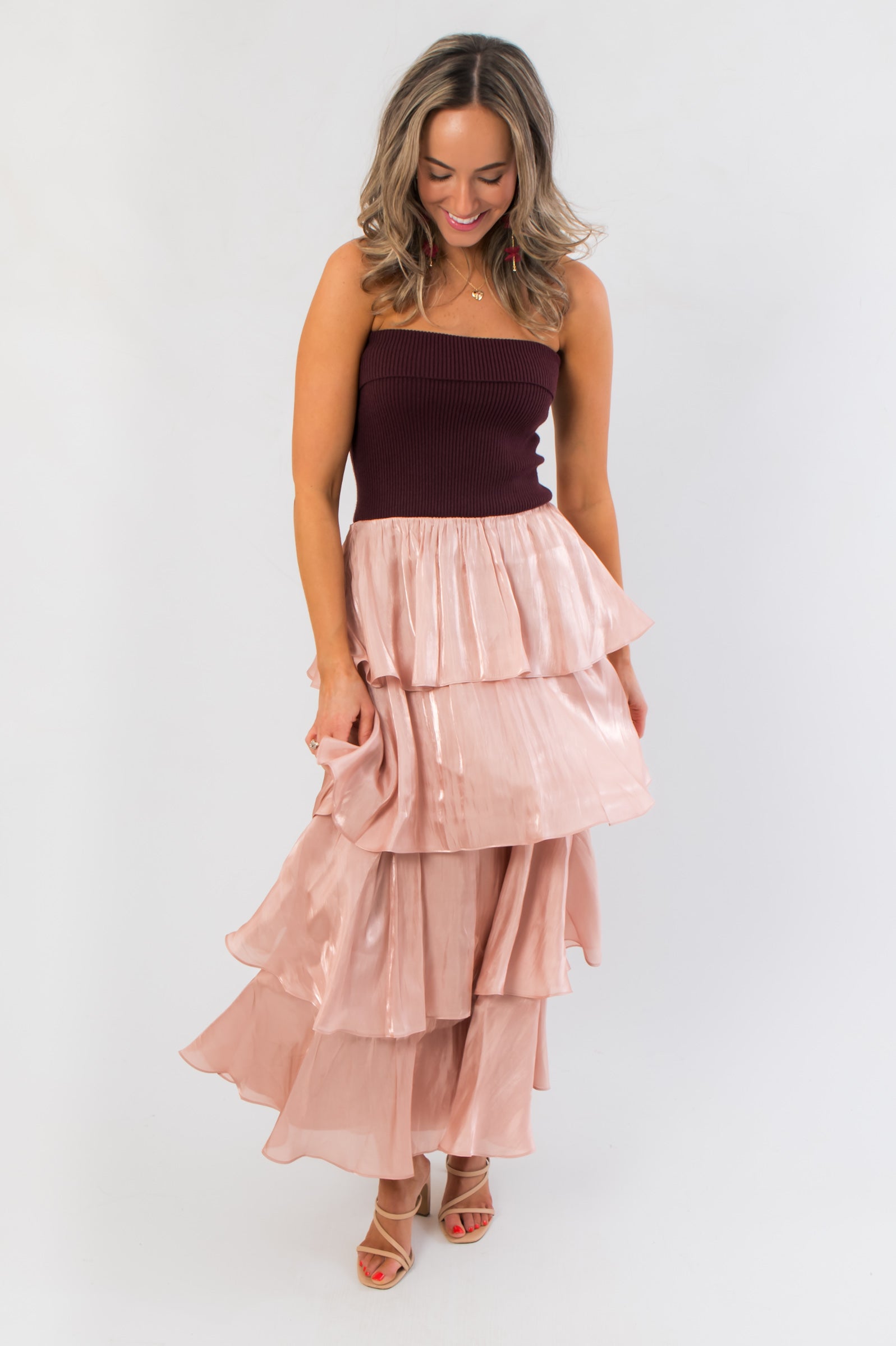 Elegant Designed to Shine Wine Strapless Tiered Midi Dress with shimmering blush tiers and a fitted strapless top, perfect for Christmas events.