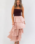 Elegant Designed to Shine Wine Strapless Tiered Midi Dress with shimmering blush tiers and a fitted strapless top, perfect for Christmas events.