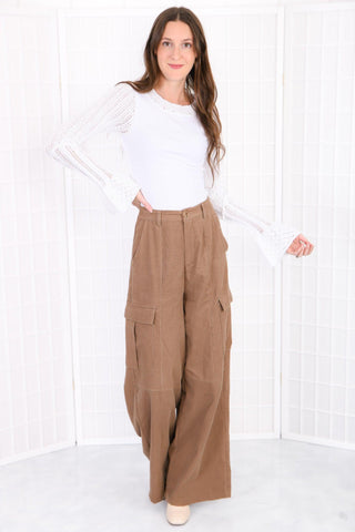 Amber Wide Leg Brown Cargo Pants-Mustard Seed-L. Mae Boutique