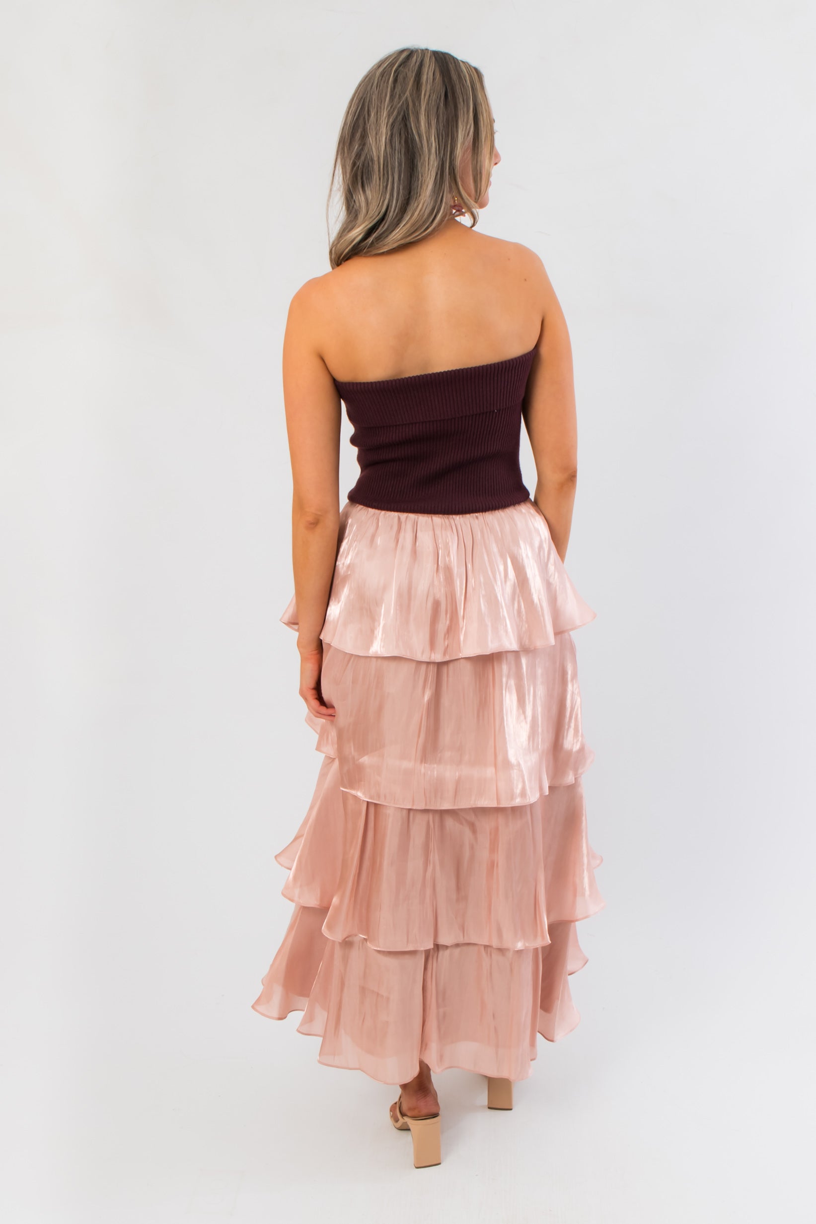 Back view of Designed to Shine Wine Strapless Tiered Midi Dress with soft tiered satin skirt and ribbed strapless bodice, ideal for weddings or xmas.