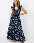 Navy seashell print maxi dress with ruffle sleeves for beach vacation