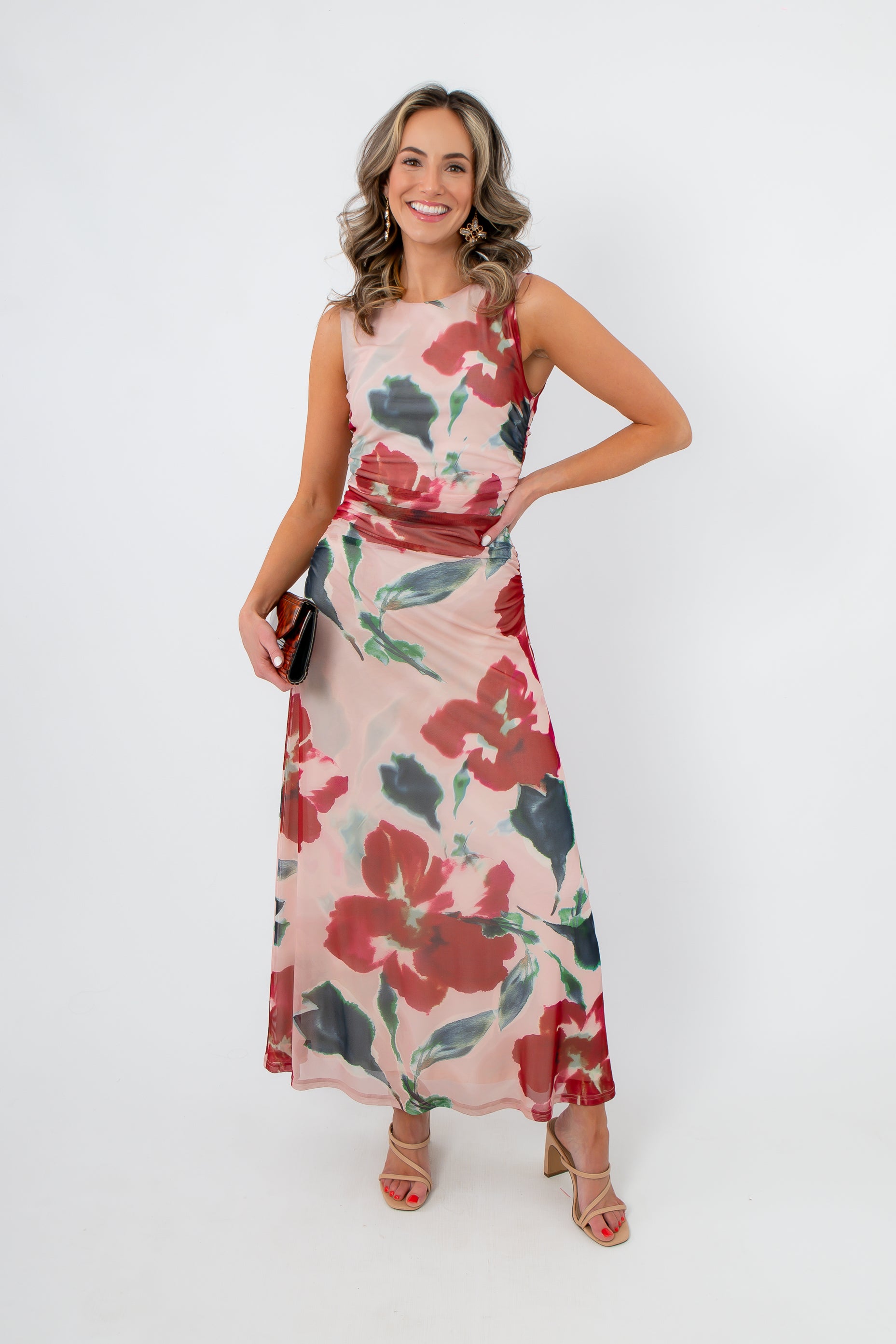 MinkPink Red Floral Arabella Mesh Midi Dress with sleeveless design and romantic red floral print, styled for weddings or spring events.