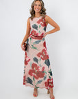 MinkPink Red Floral Arabella Mesh Midi Dress with sleeveless design and romantic red floral print, styled for weddings or spring events.