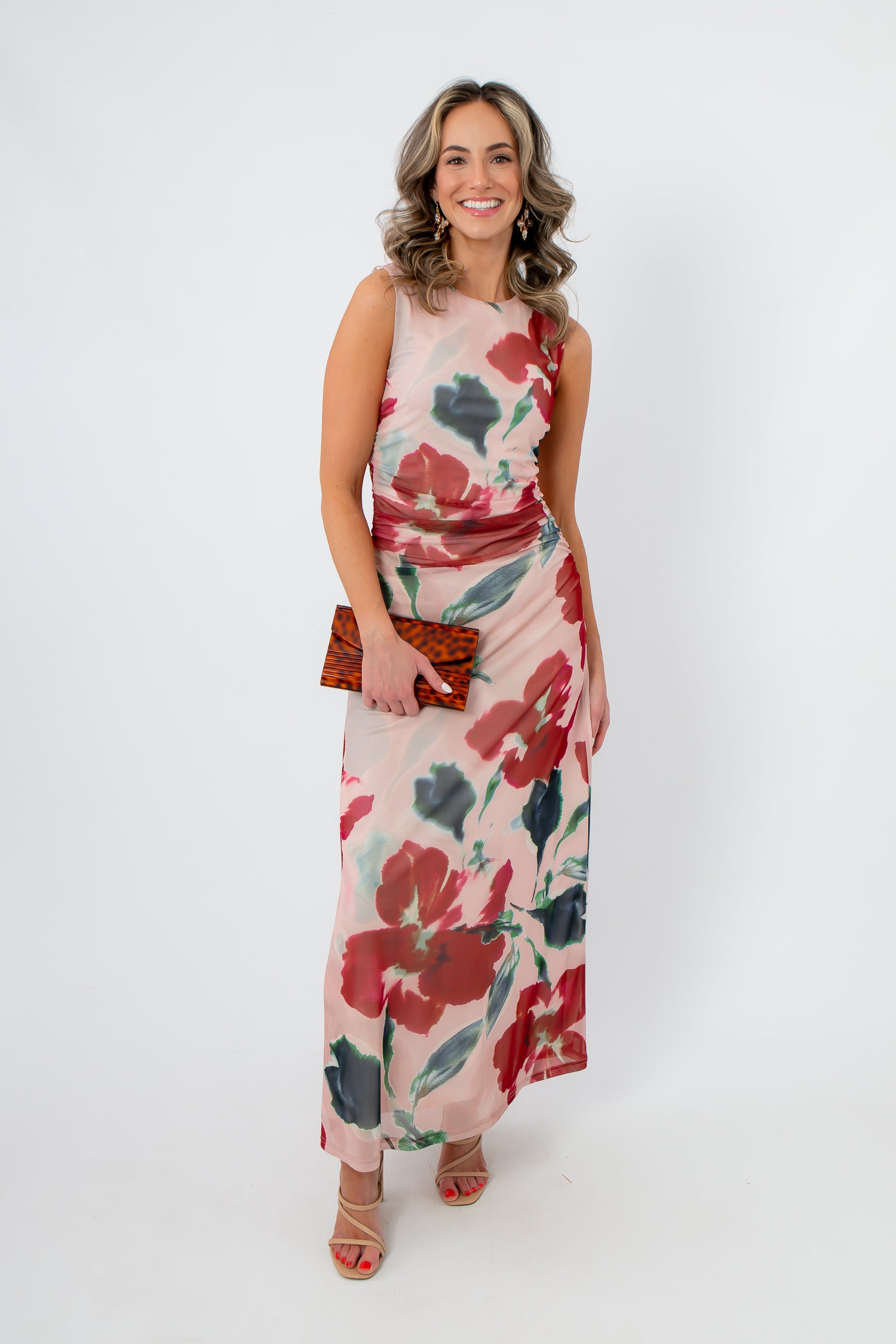 Romantic MinkPink Red Floral Arabella Mesh Midi Dress featuring breathable mesh fabric and flattering drape, ideal for special occasions.