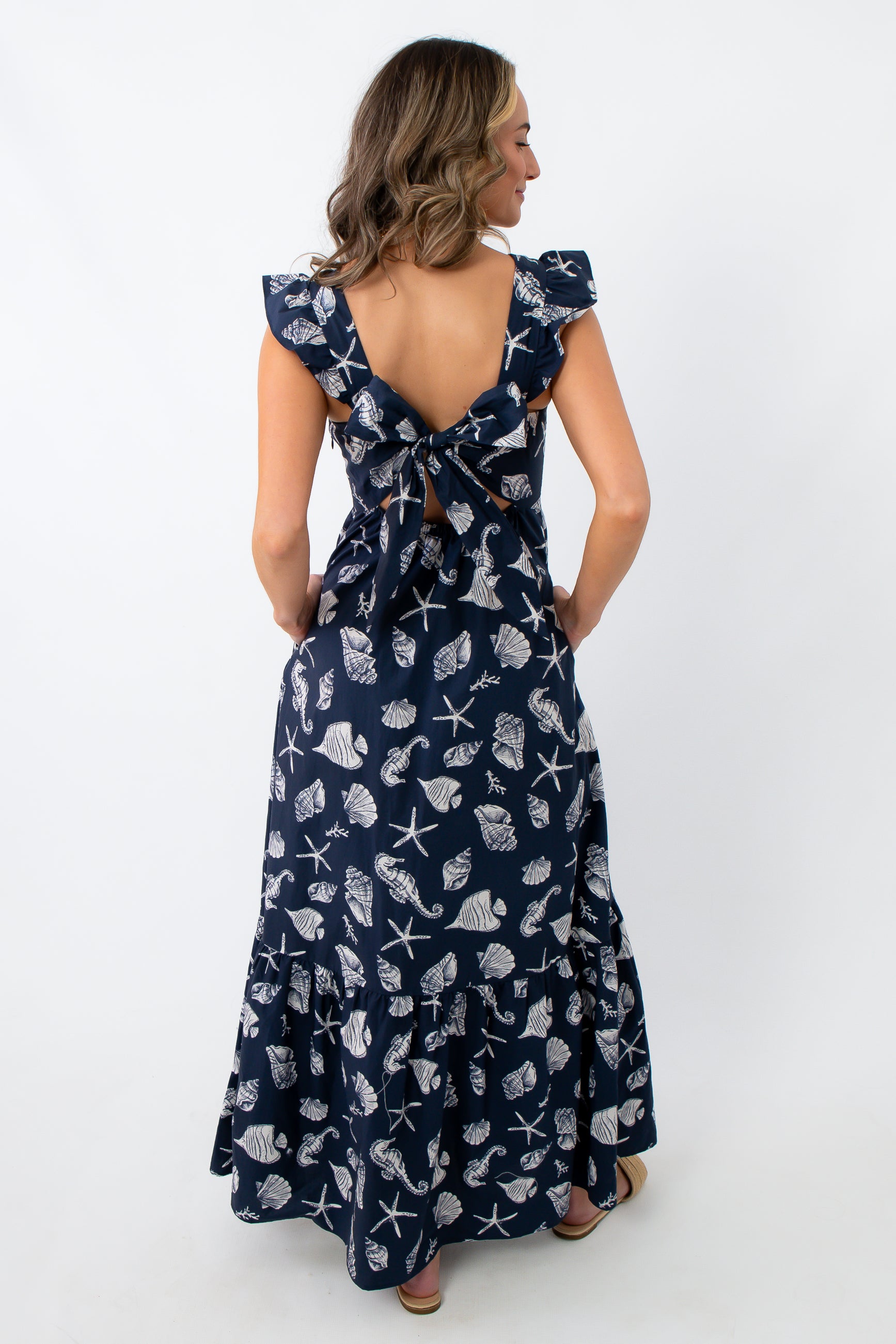 Moonlit Shore Navy Seashell Print Ruffle Maxi Dress