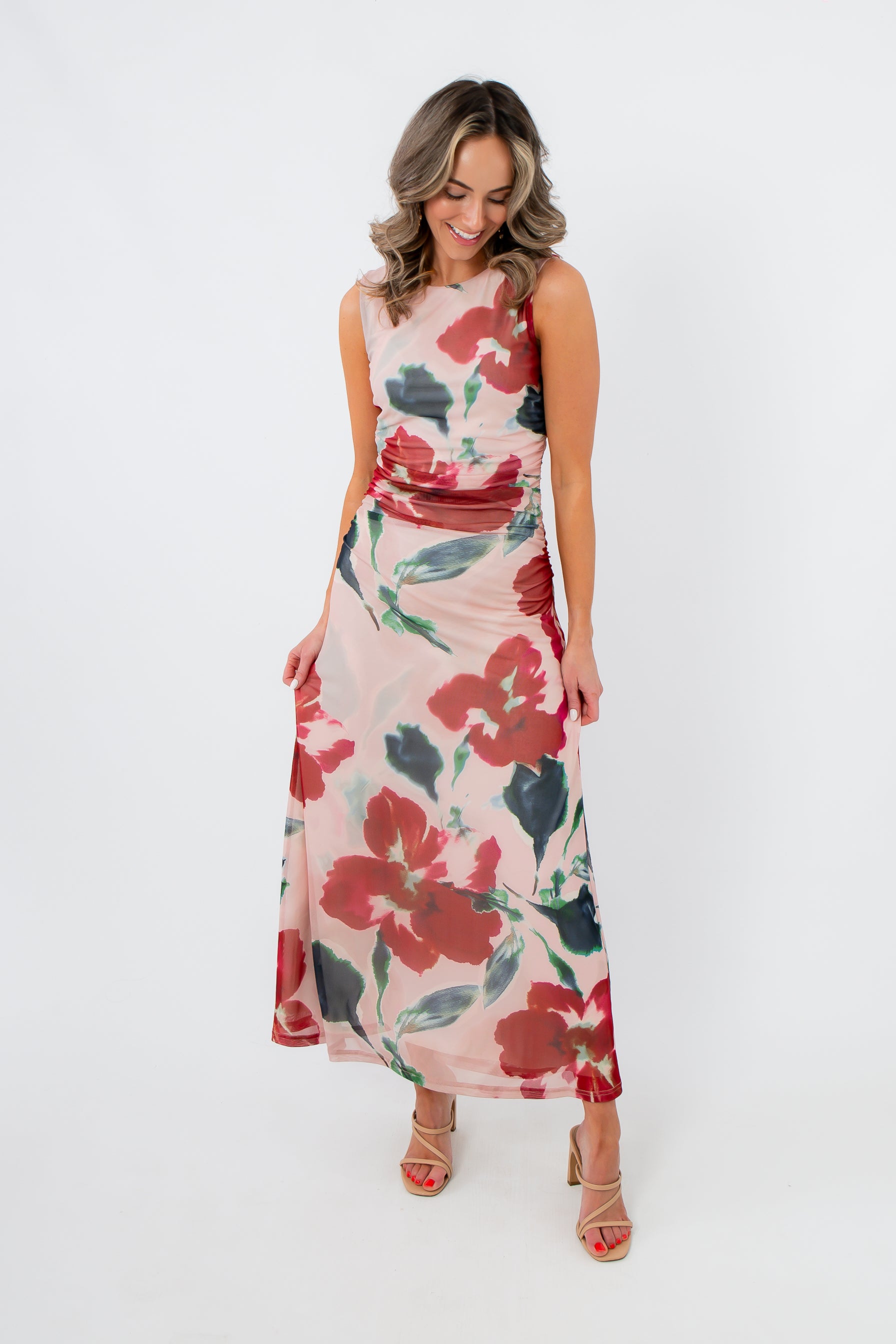 MinkPink Red Floral Arabella Mesh Midi Dress with soft mesh overlay and bold floral pattern, perfect for date nights or garden parties.
