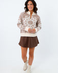 Cream half zip knit sweater with ribbed detailing, bandana patterned sweater, bandana patterned pullover