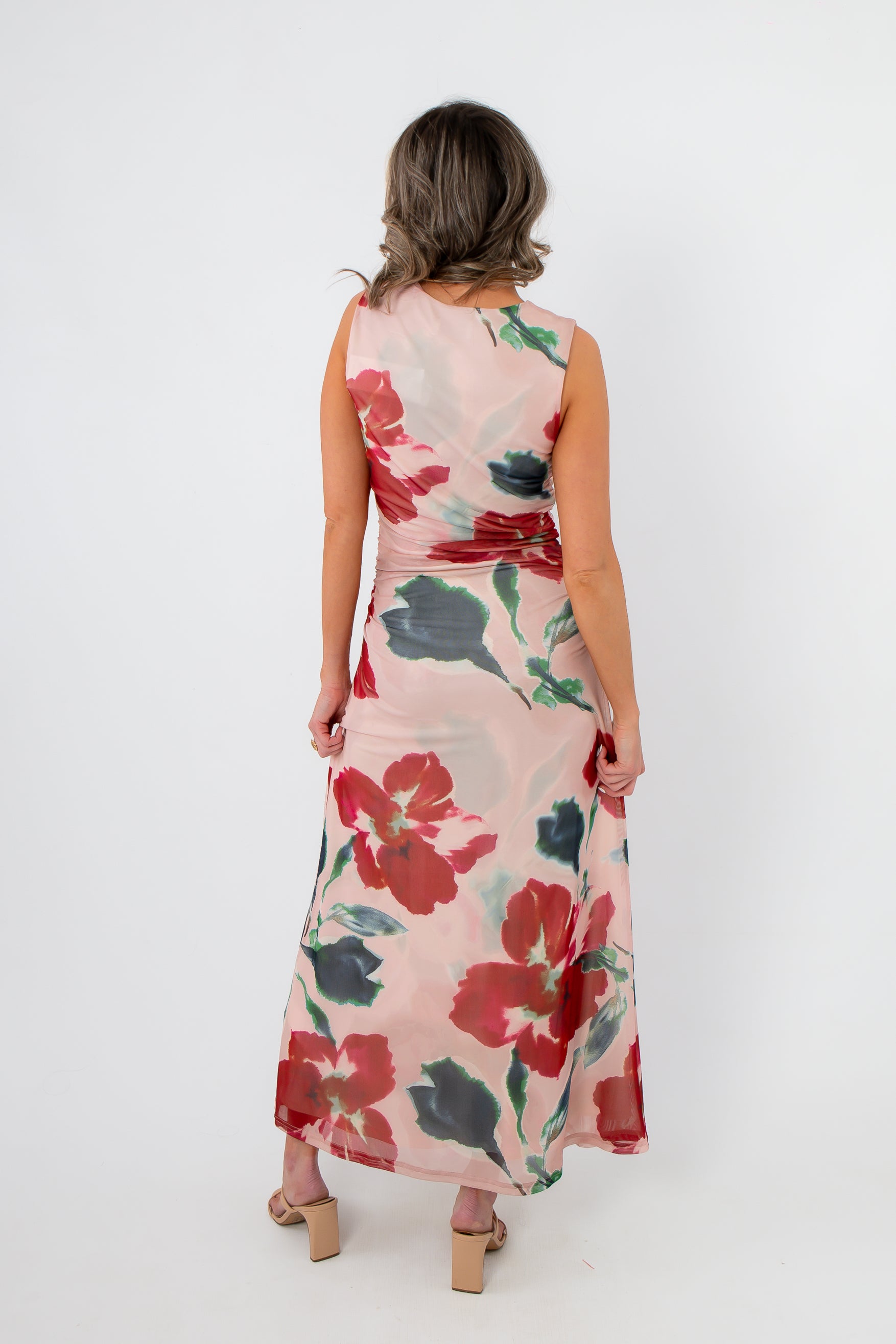 Back view of MinkPink Red Floral Arabella Mesh Midi Dress with sheer mesh layer and vibrant floral print, ideal for elegant occasions.