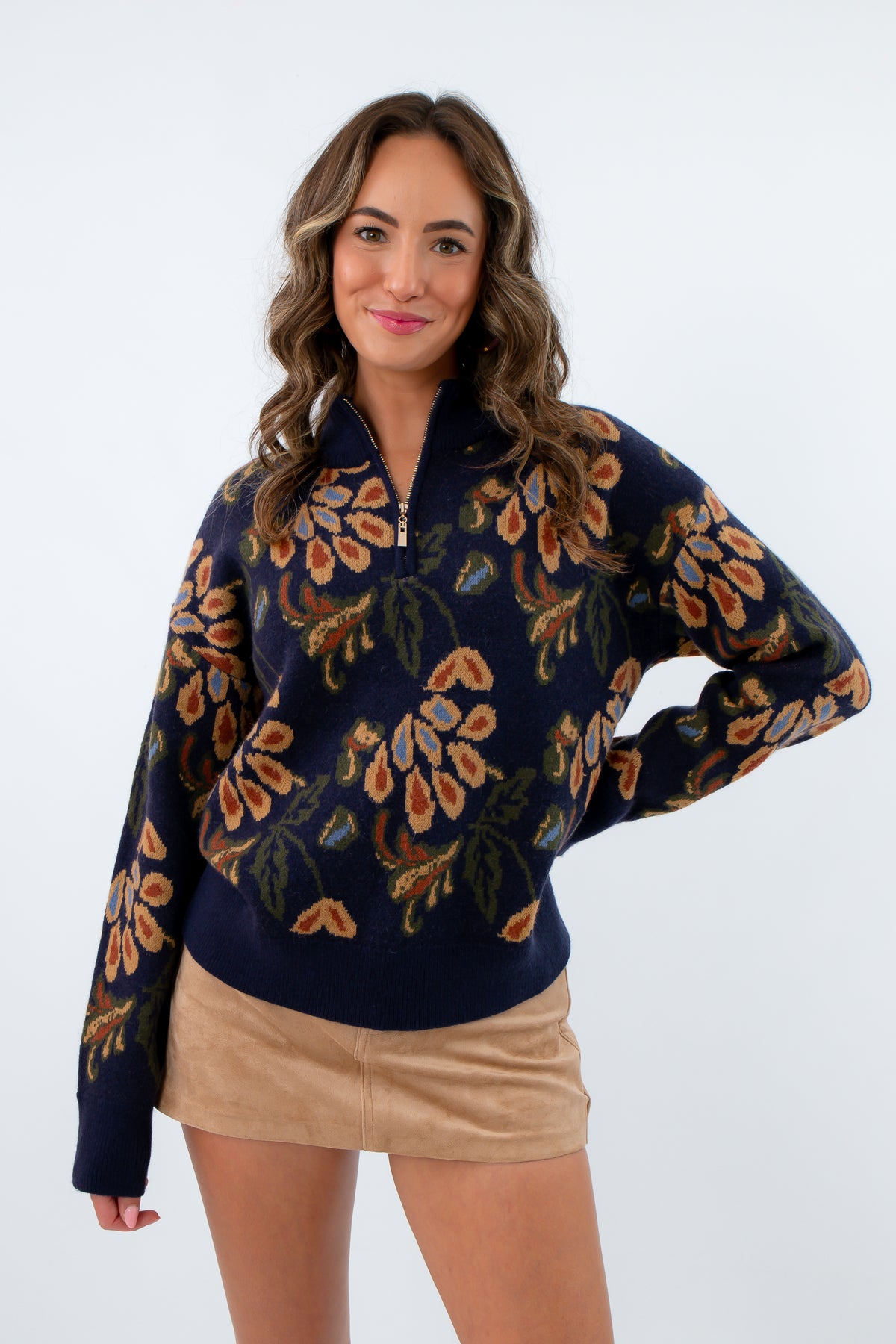 Deep navy half zip knit sweater with floral pattern, navy sweater pullover, navy floral sweater