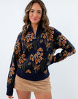 Deep navy half zip knit sweater with floral pattern, navy sweater pullover, navy floral sweater