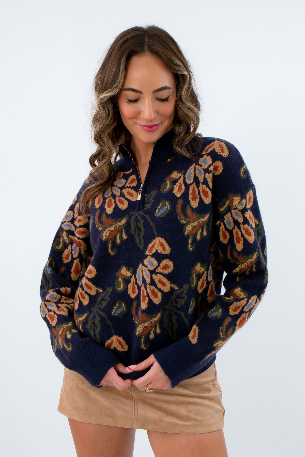 Fall sweater featuring tan floral jacquard design, navy and tan patterned sweater, navy patterned sweater