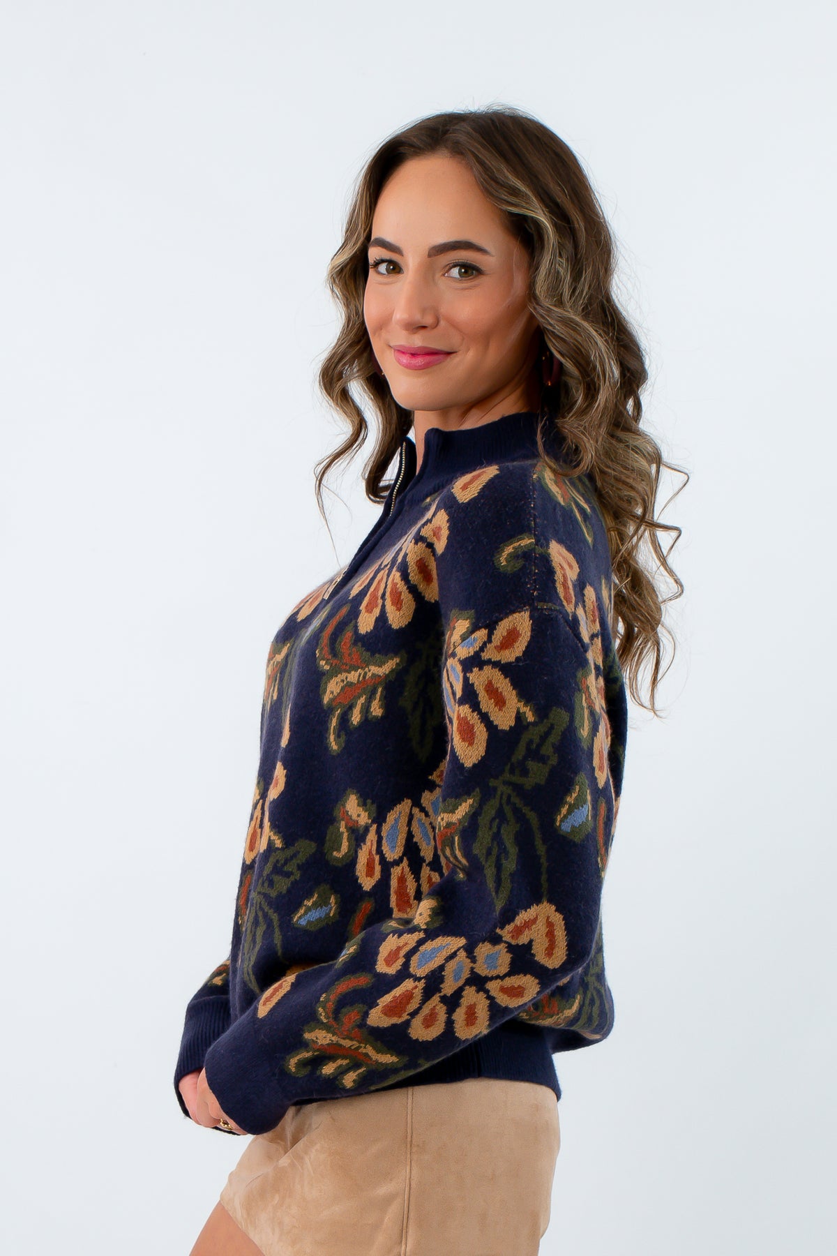 Soft knit navy pullover with ribbed trim, navy knit half zip, navy half zip sweater, navy knit pullover