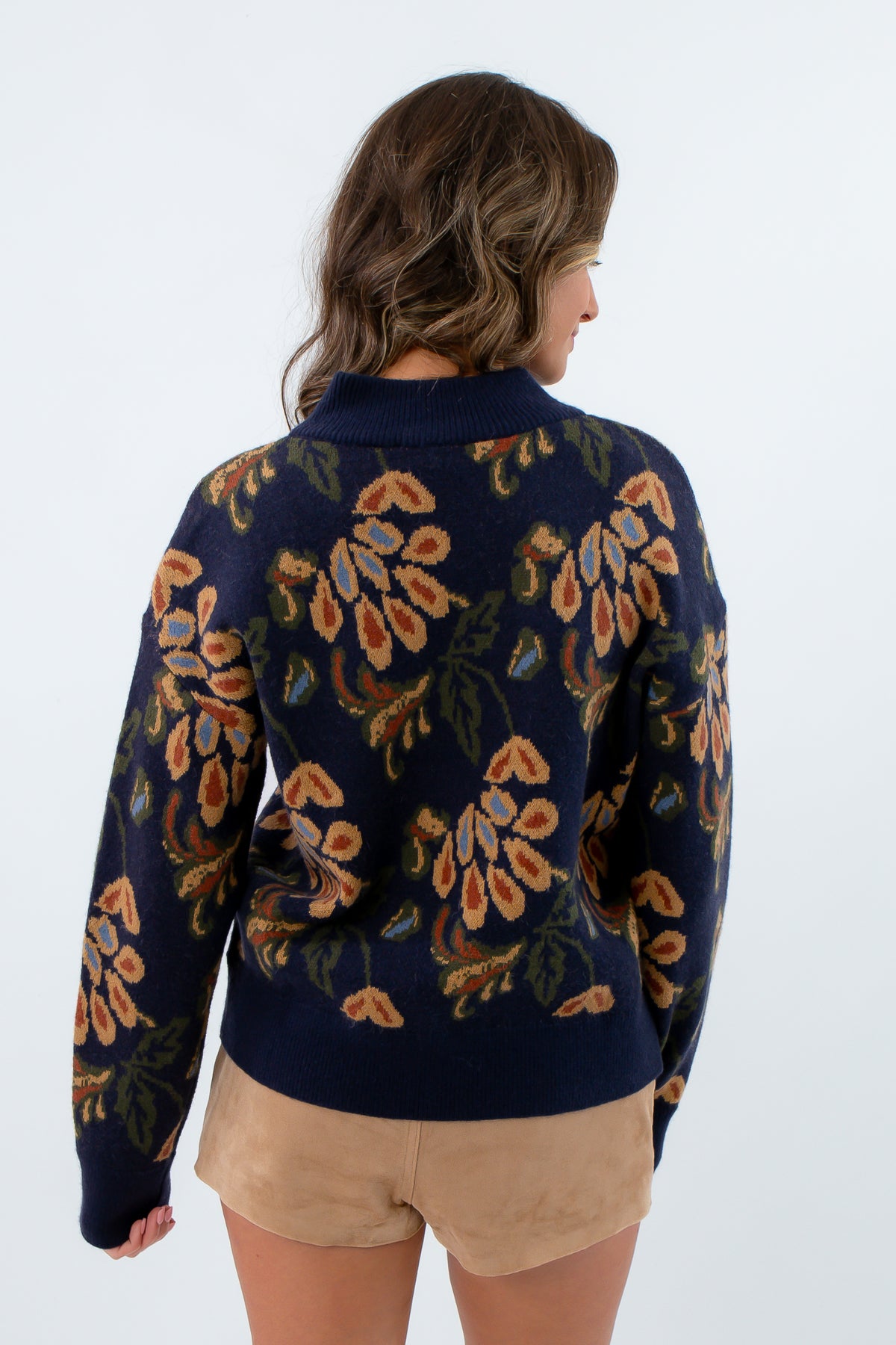 Patterned half zip sweater, navy floral jacquard sweater, navy floral jacquard pullover