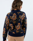 Patterned half zip sweater, navy floral jacquard sweater, navy floral jacquard pullover