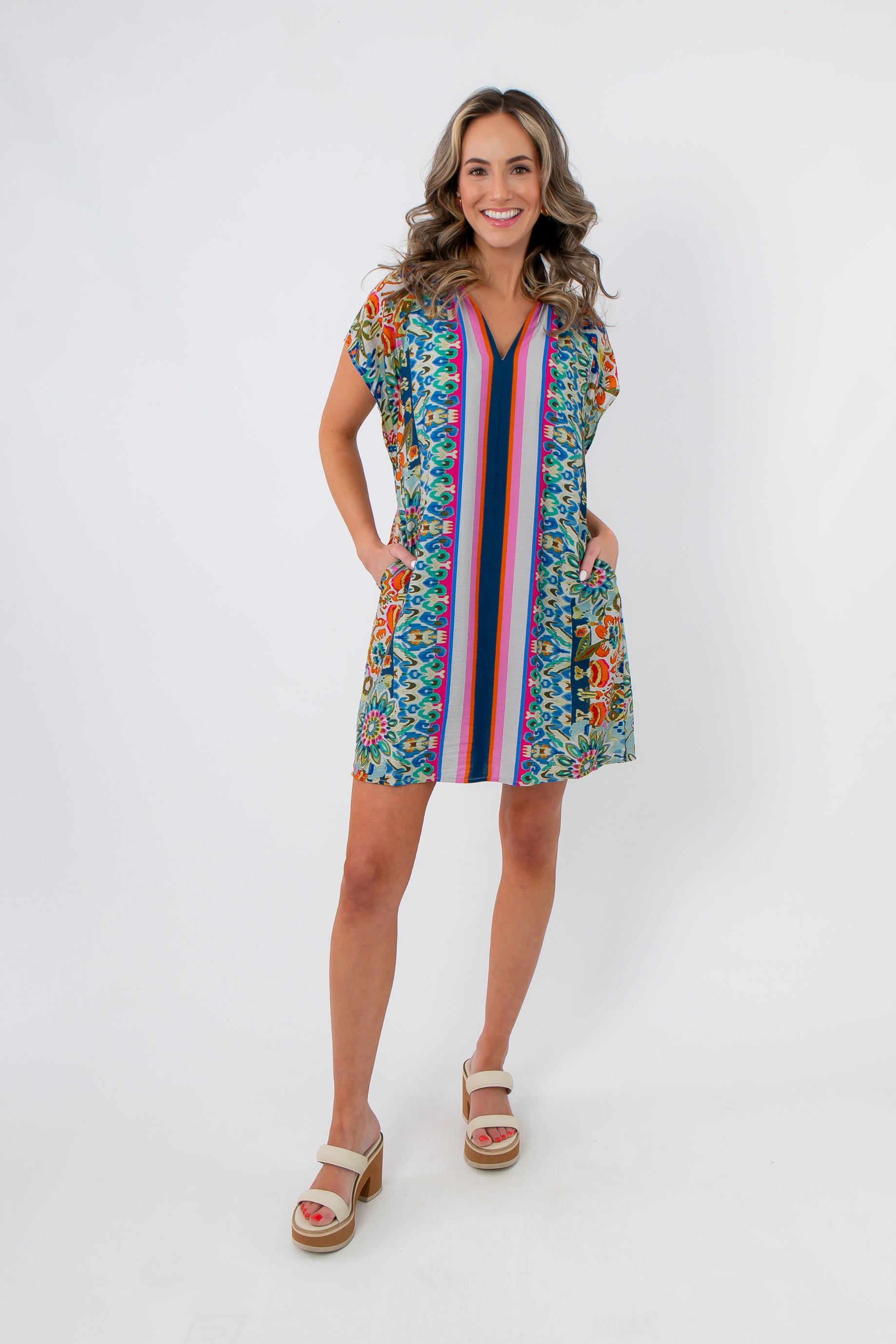 THML Summer Mosaic Short Sleeve Dress showcasing colorful design