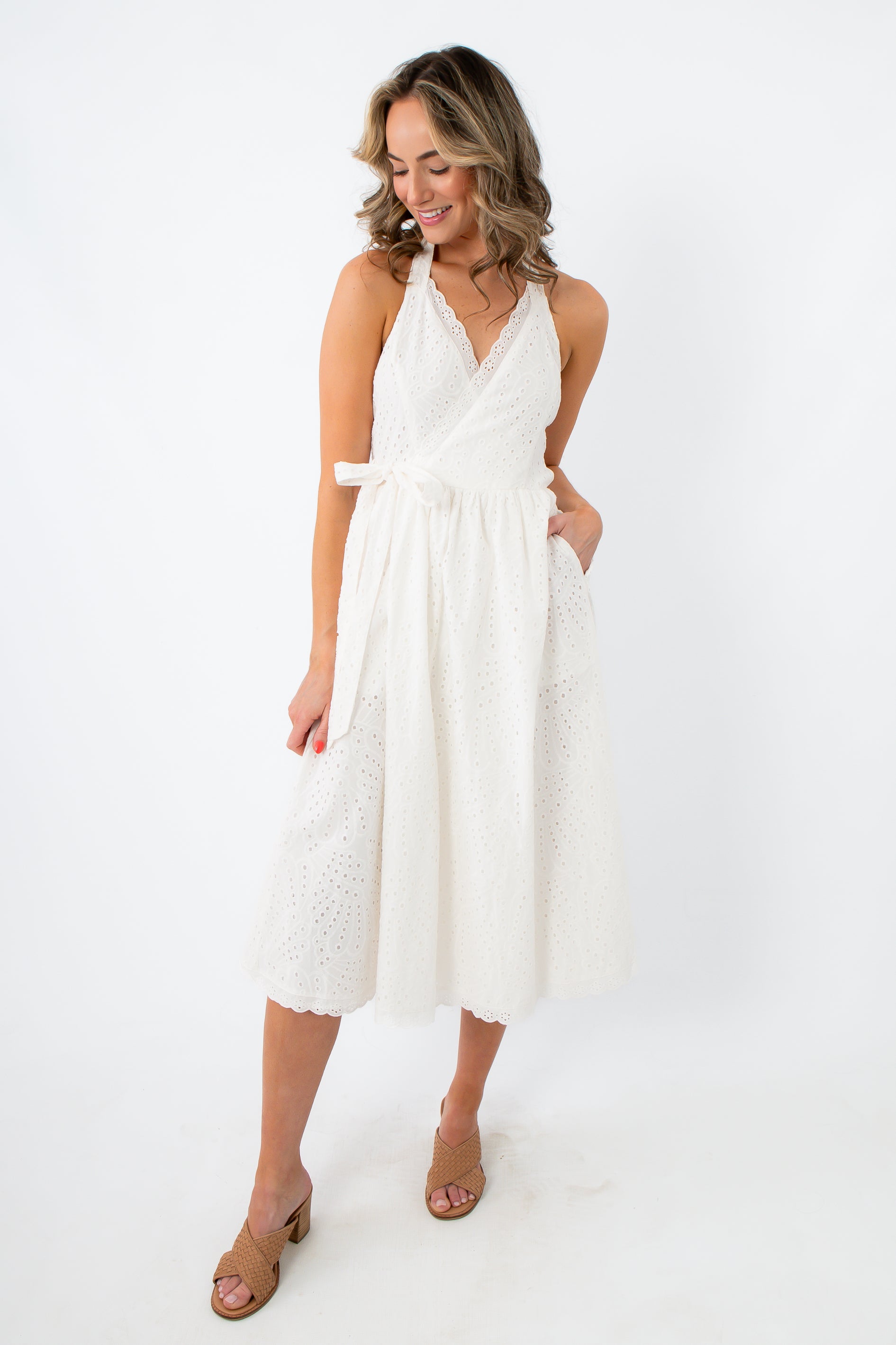 Harbor Honey White Eyelet Halter Midi Dress