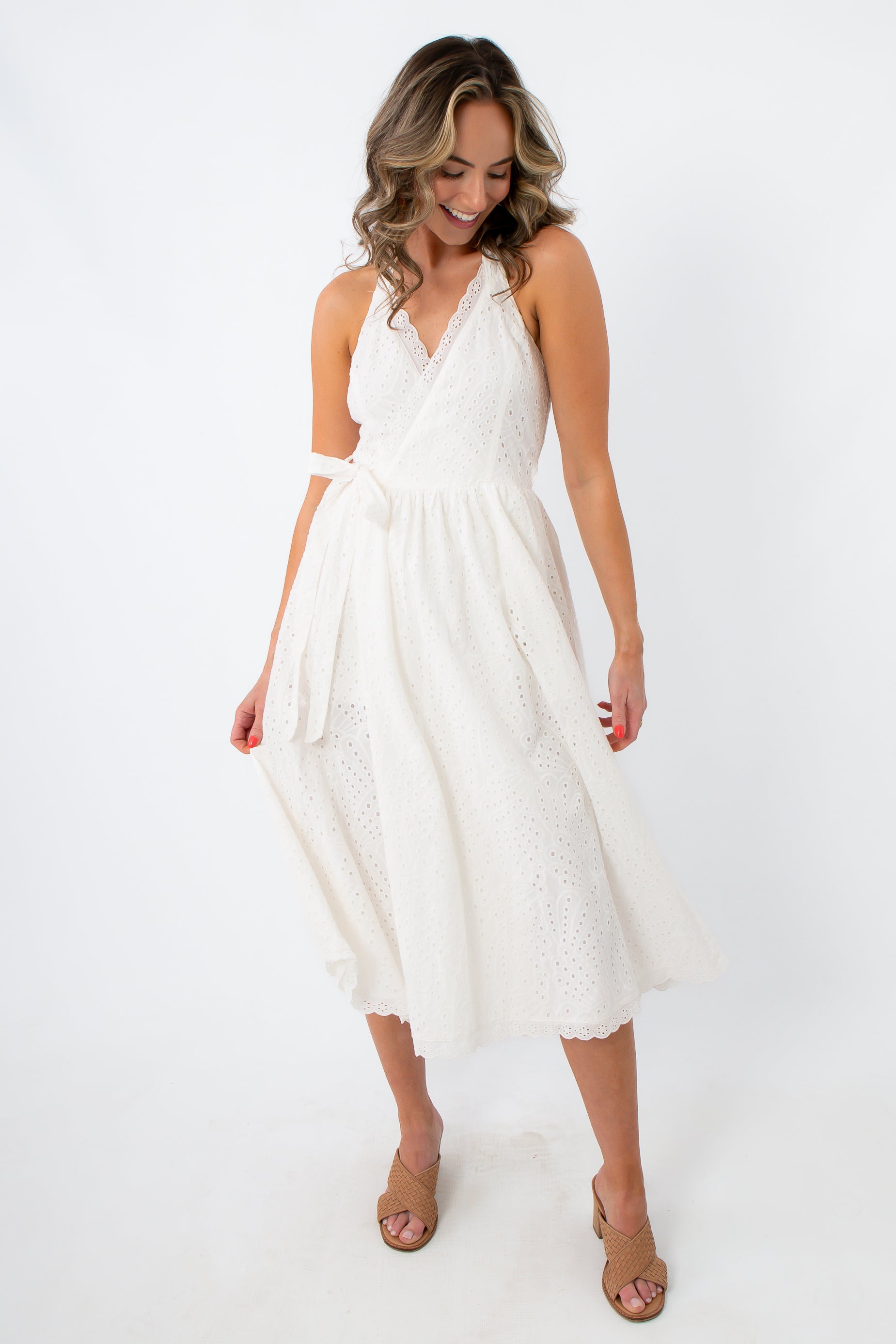 Harbor Honey White Eyelet Halter Midi Dress for bridal and beach photos