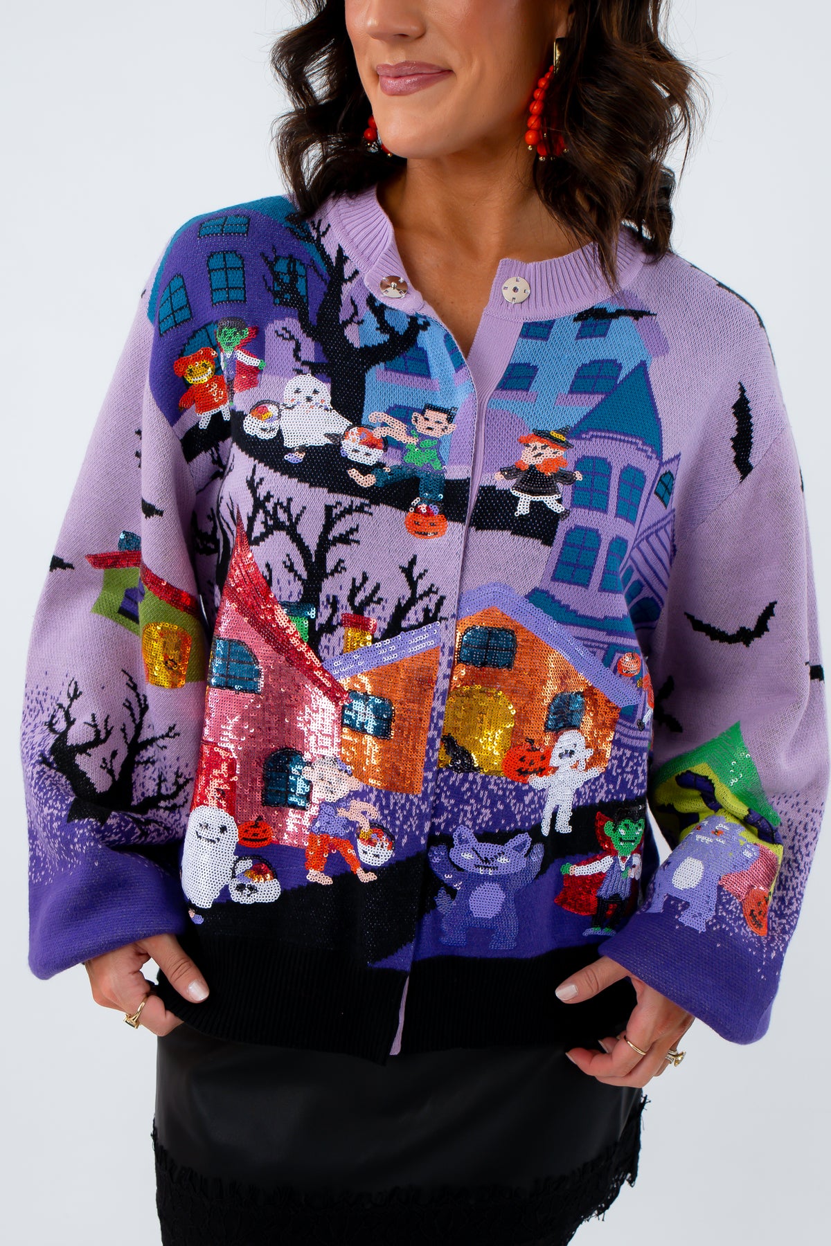 Lavender cardigan with sequin trick or treating scene, Queen of Sparkles Halloween Sweater, Purple Queen of Sparkles Sweater