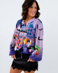 Queen of Sparkles Trick or Treat Cardigan for Halloween, Purple sweater with sequin trick or treat scene for Halloween
