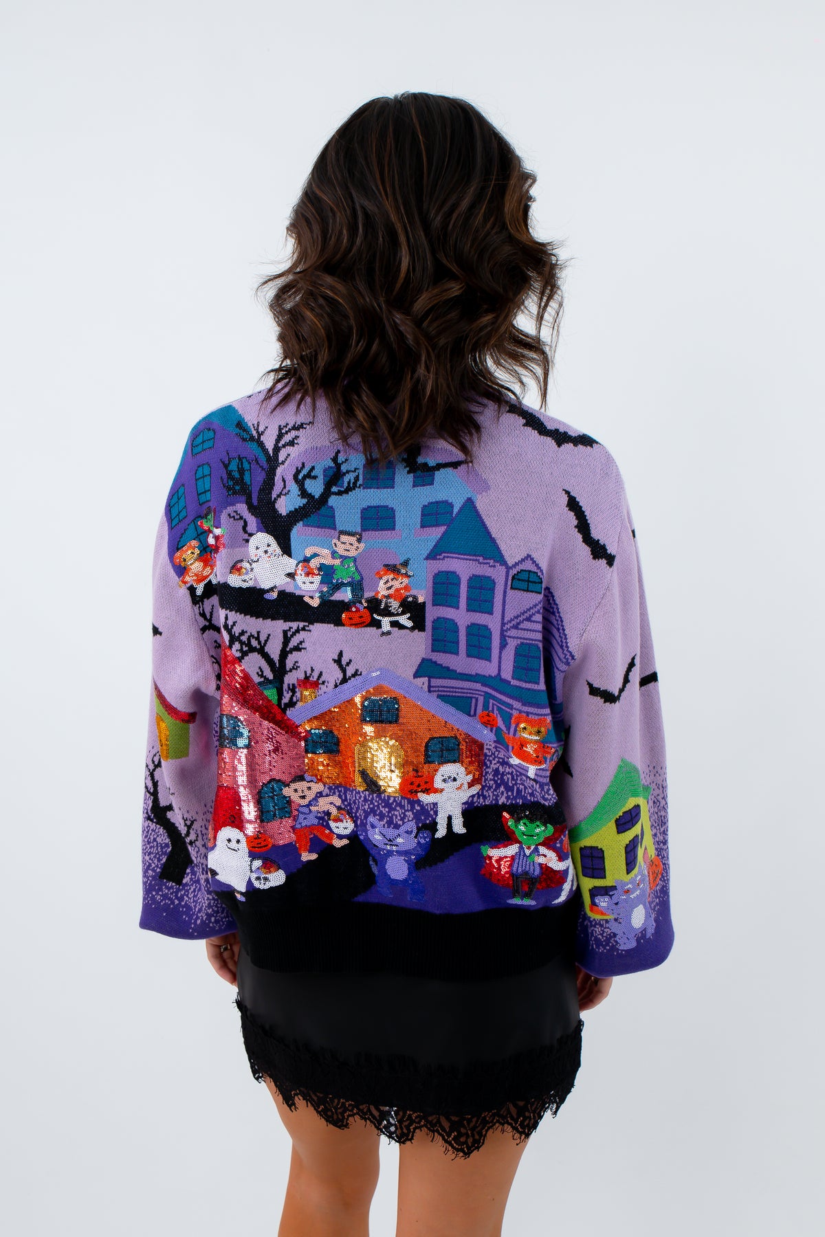 Queen of Sparkles Trick or Treat Cardigan, purple cardigan with sequins, Queen of Sparkles purple cardigan for Halloween