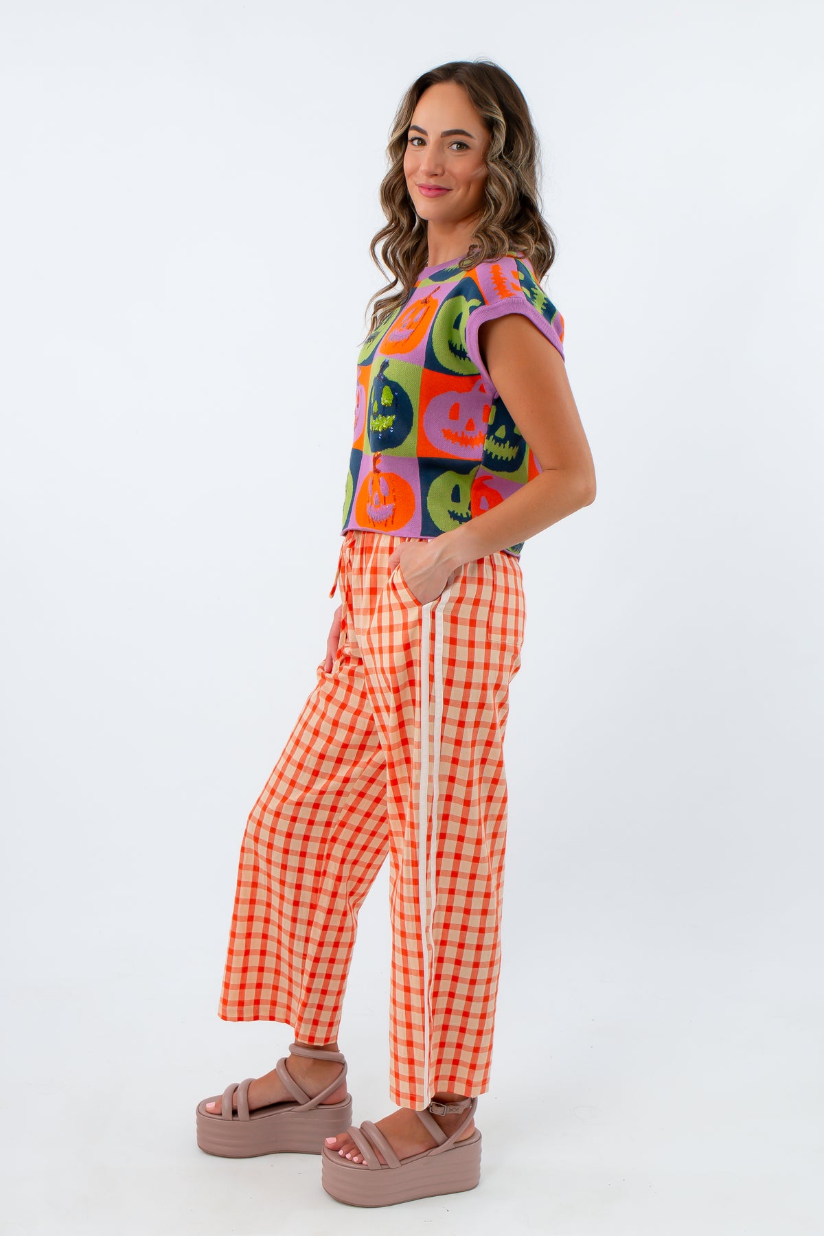Orange gingham pants with functional drawstring waist, comfy gingham pants, colorful gingham pants