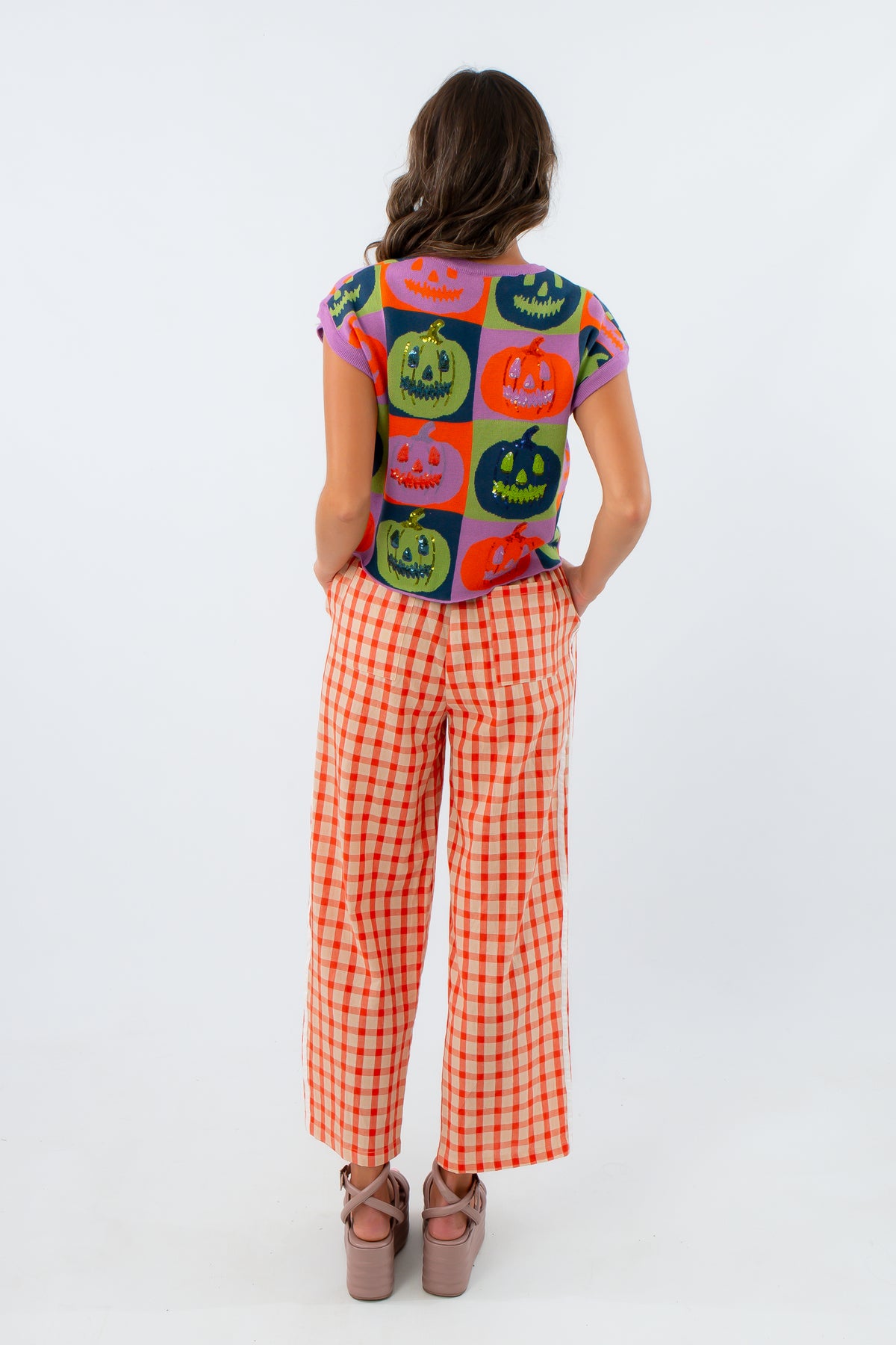 Pull on fit gingham pants, comfy pants for fall, orange pants, orange gingham pants, gingham pants