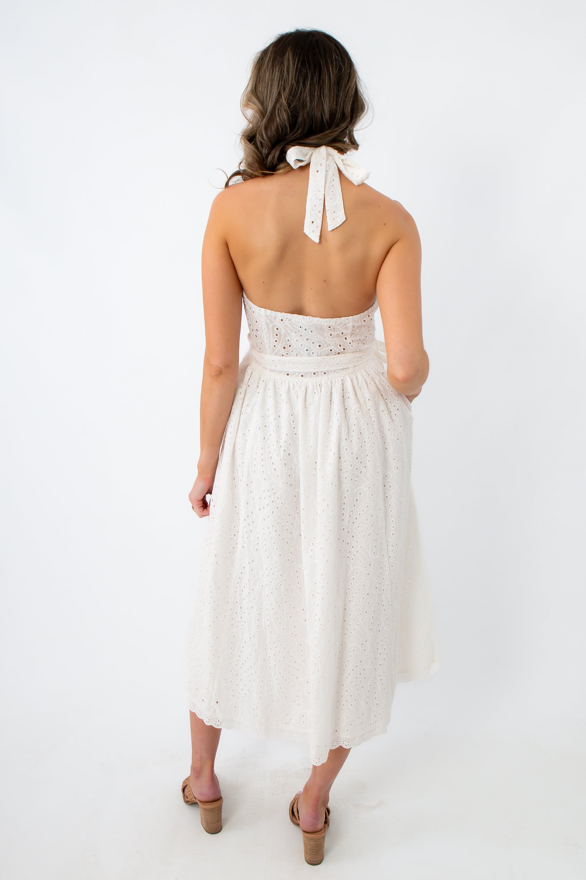 Harbor Honey White Eyelet Halter Midi Dress