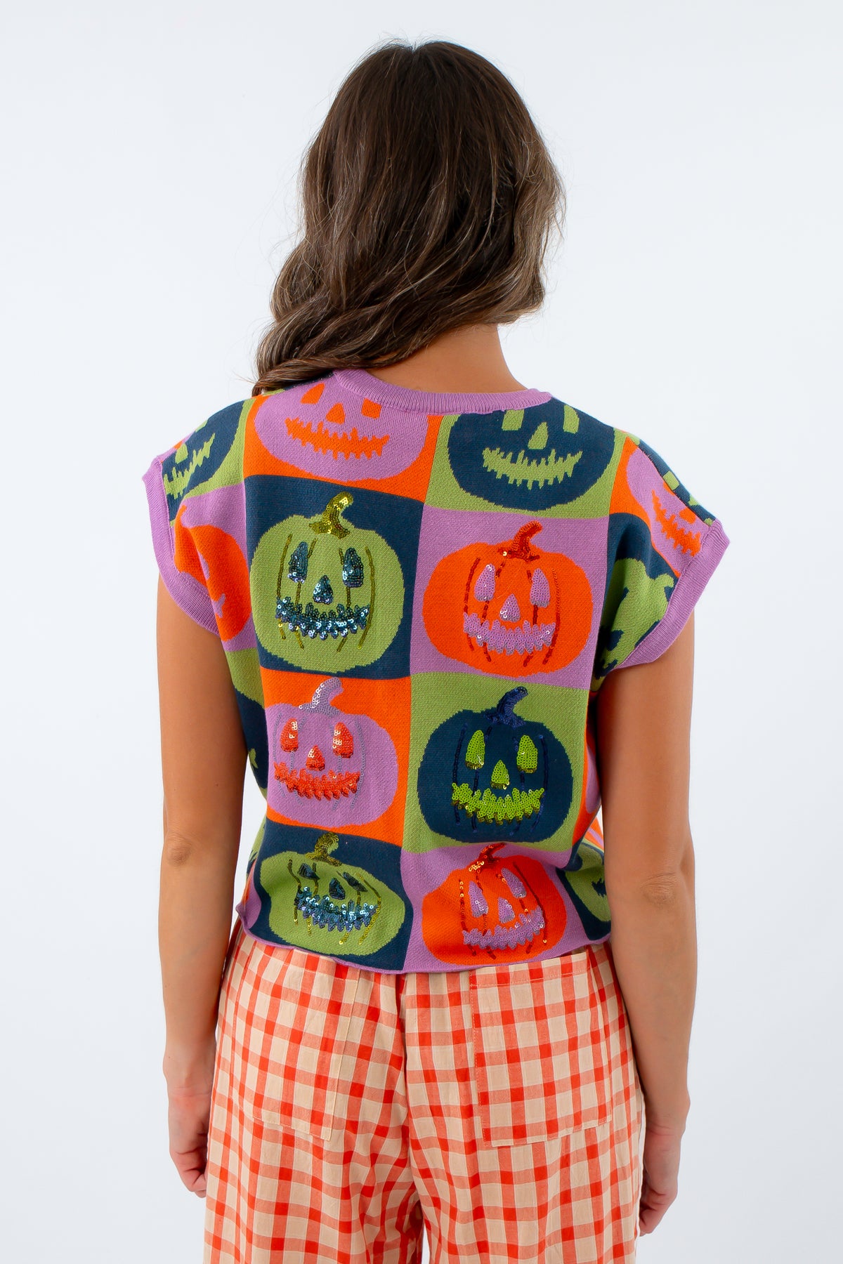 Fall short sleeve Halloween knit top with pumpkins, Queen of Sparkles Halloween knit top, sleeveless sweater for Halloween