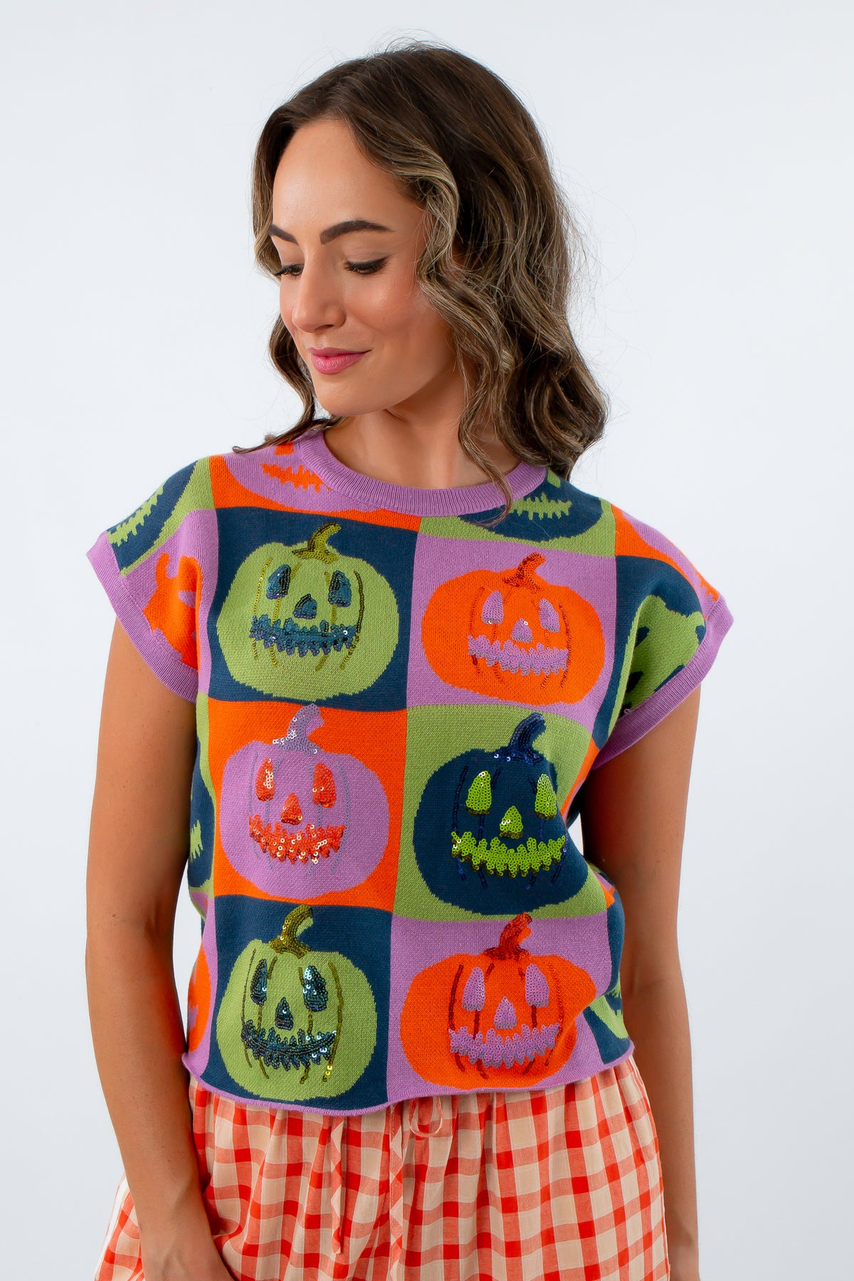 Checkered pattern sweater with sequin pumpkins, Queen of Sparkles Halloween Sweater, Queen of Sparkles Pumpkin top