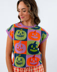 Checkered pattern sweater with sequin pumpkins, Queen of Sparkles Halloween Sweater, Queen of Sparkles Pumpkin top