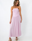 Lilac strapless ruched maxi dress with flowy skirt for summer occasions
