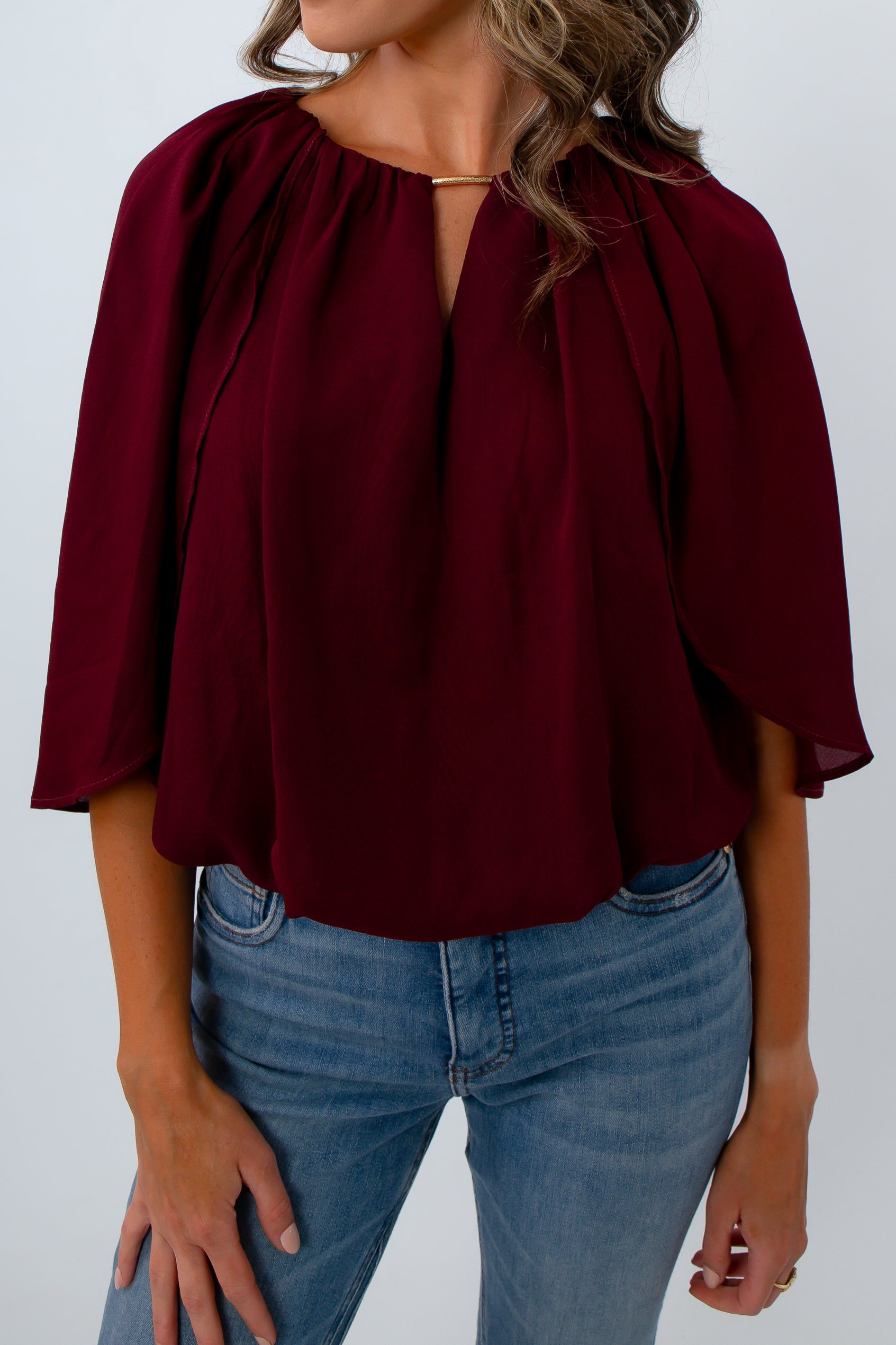 Elegant burgundy shirt for fall work wear with cape sleeves