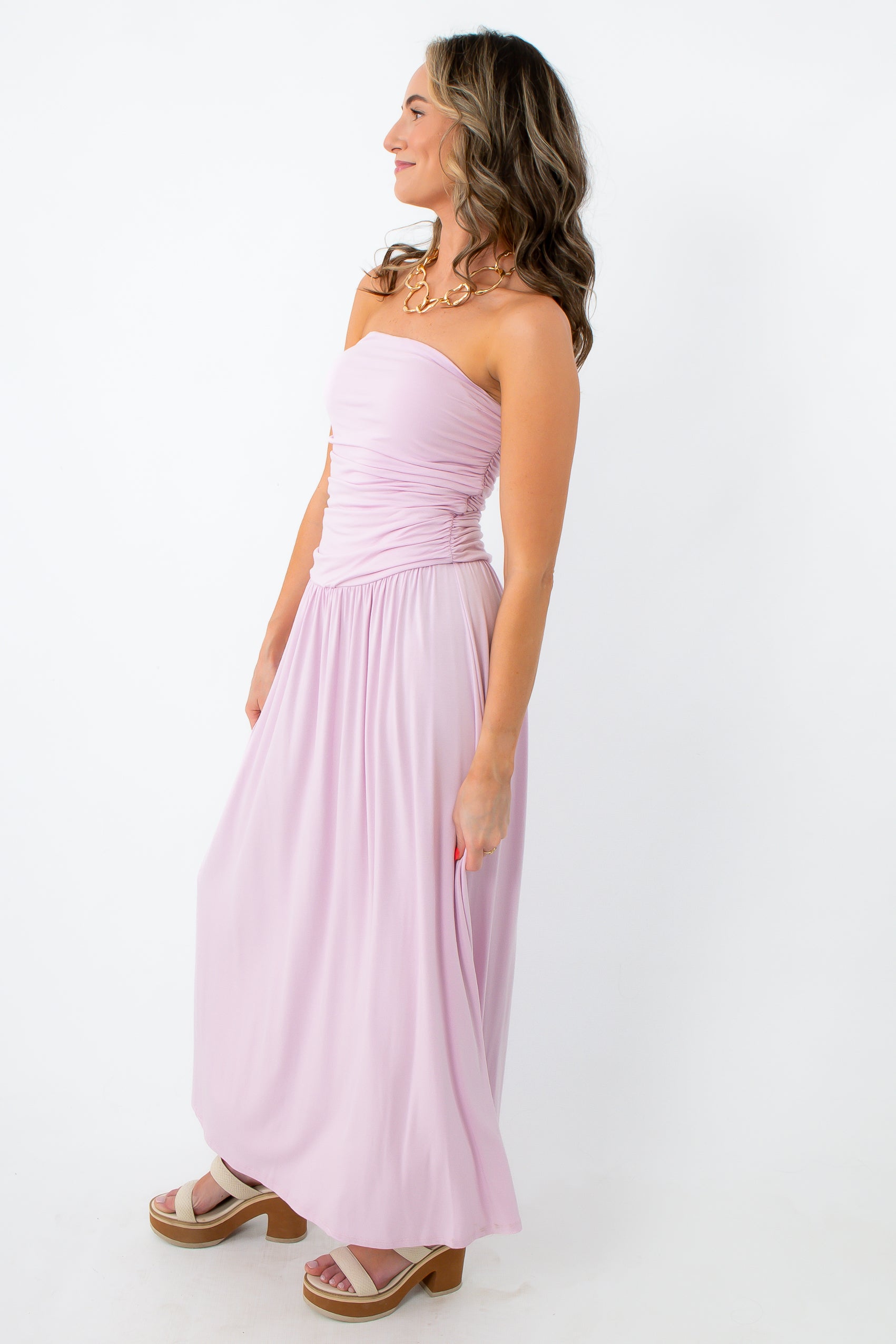 Lilac Goddess Strapless Ruched Maxi Dress