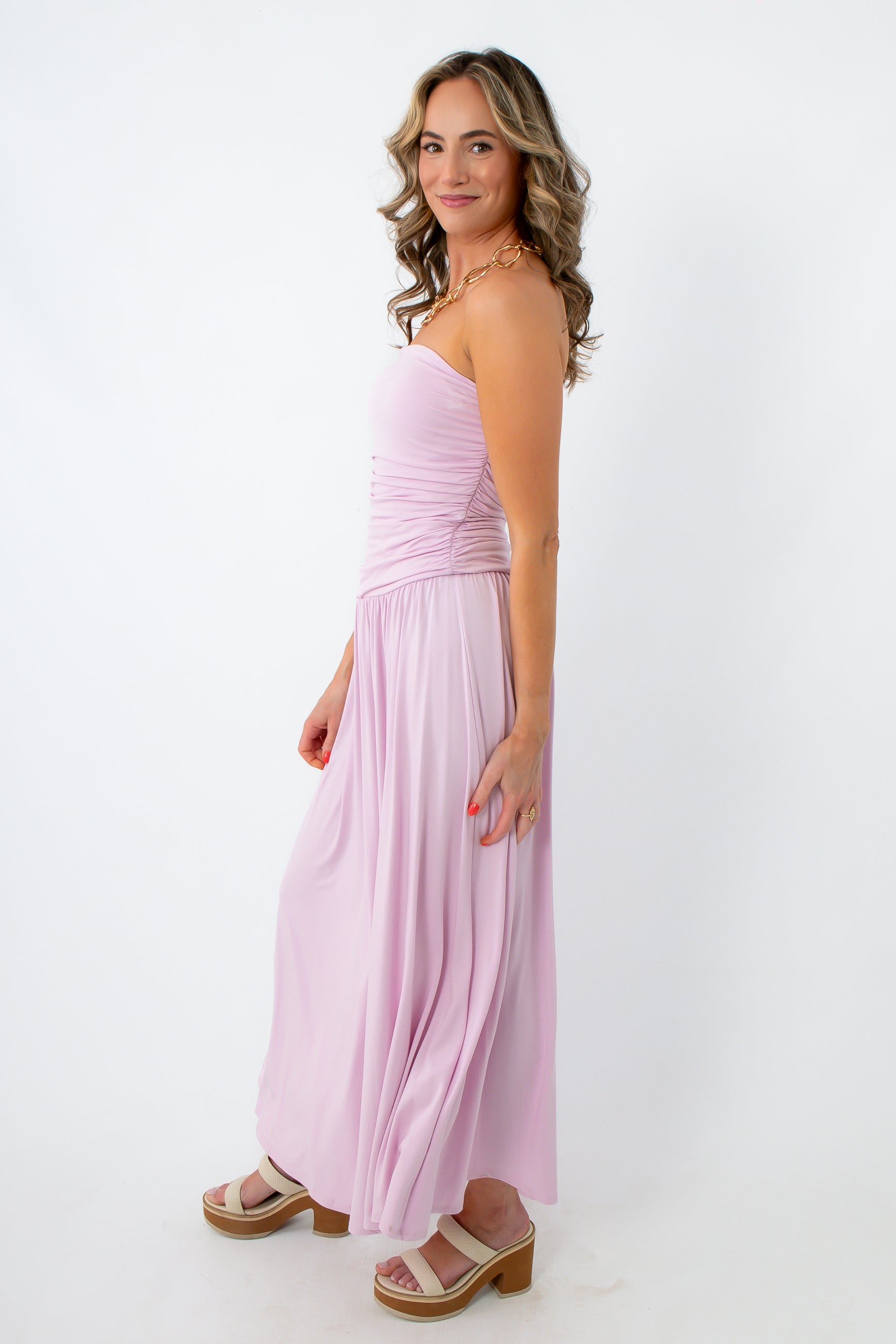 Lilac Goddess Strapless Ruched Maxi Dress