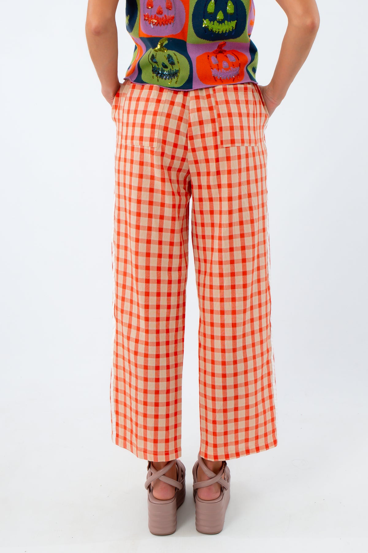 Stylish comfy pants for Halloween and fall wear, orange gingham pants for clemson game day