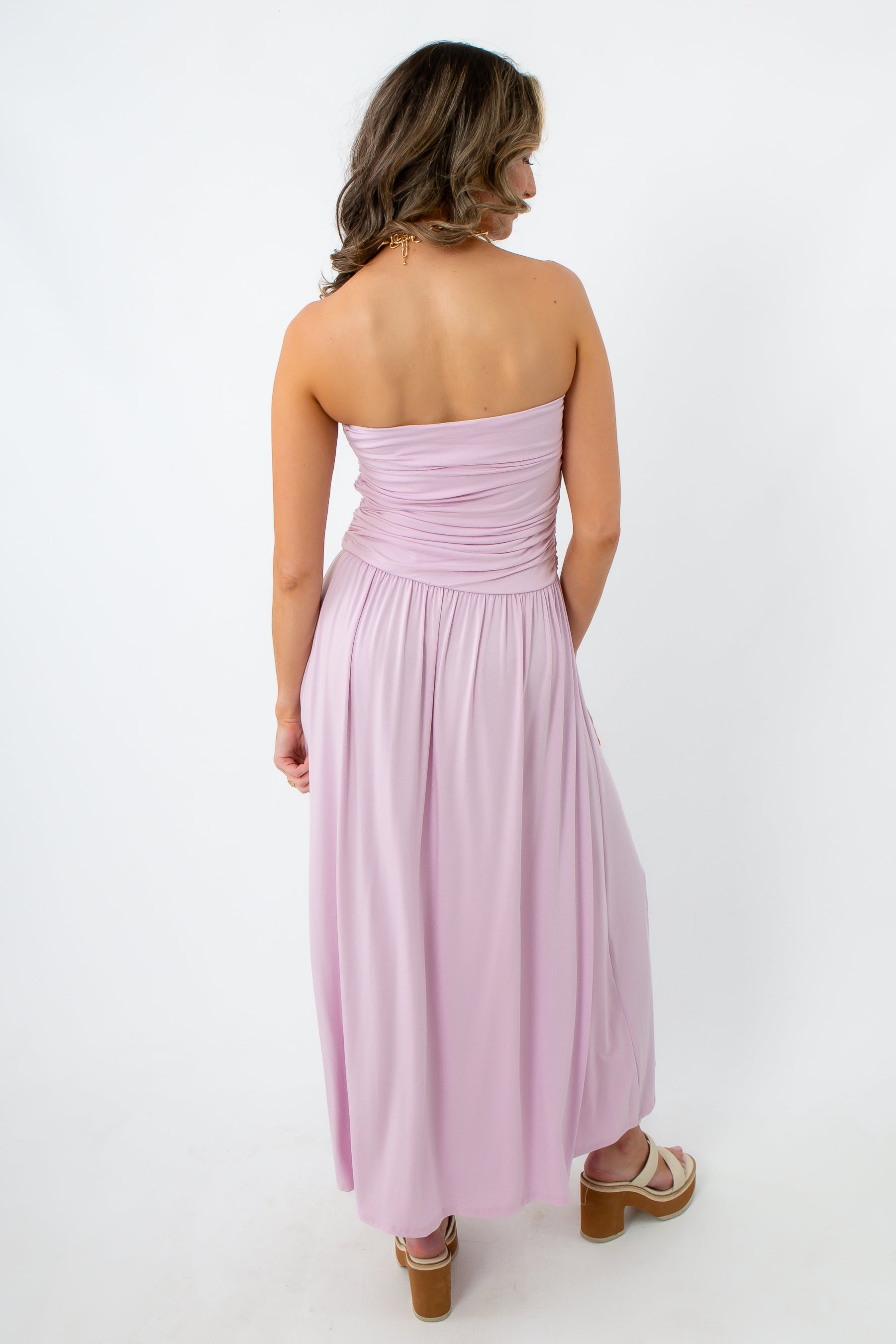 Lilac strapless ruched maxi dress for summer occasions