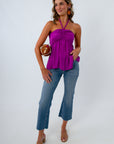Summer halter neck tank for women paired with Kut from the Kloth jeans for the perfect dinner outfit