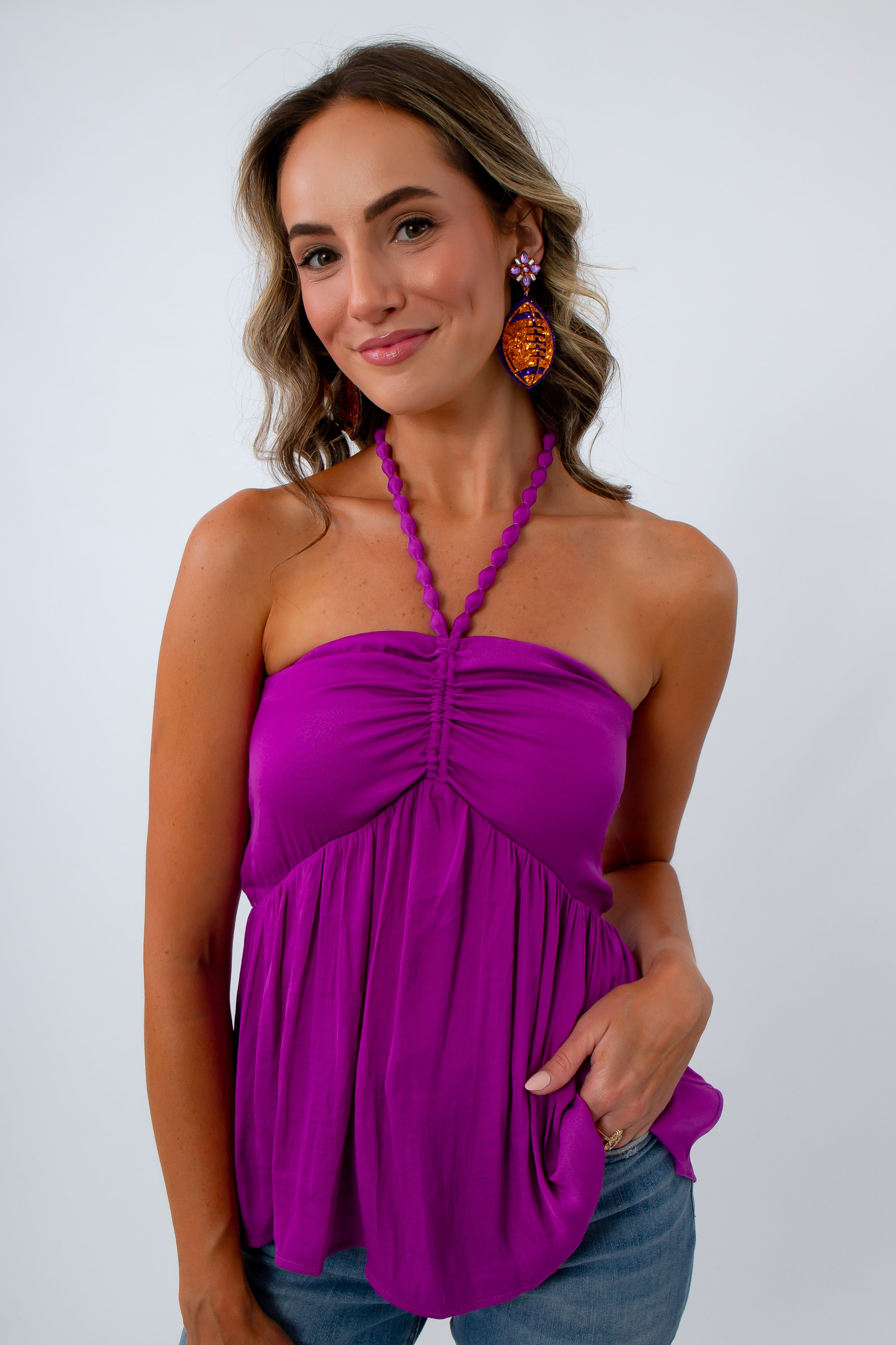 Purple beaded halter neck top for warm weather game day look