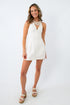 White halter mini dress with pearl embellishments for brides and grads
